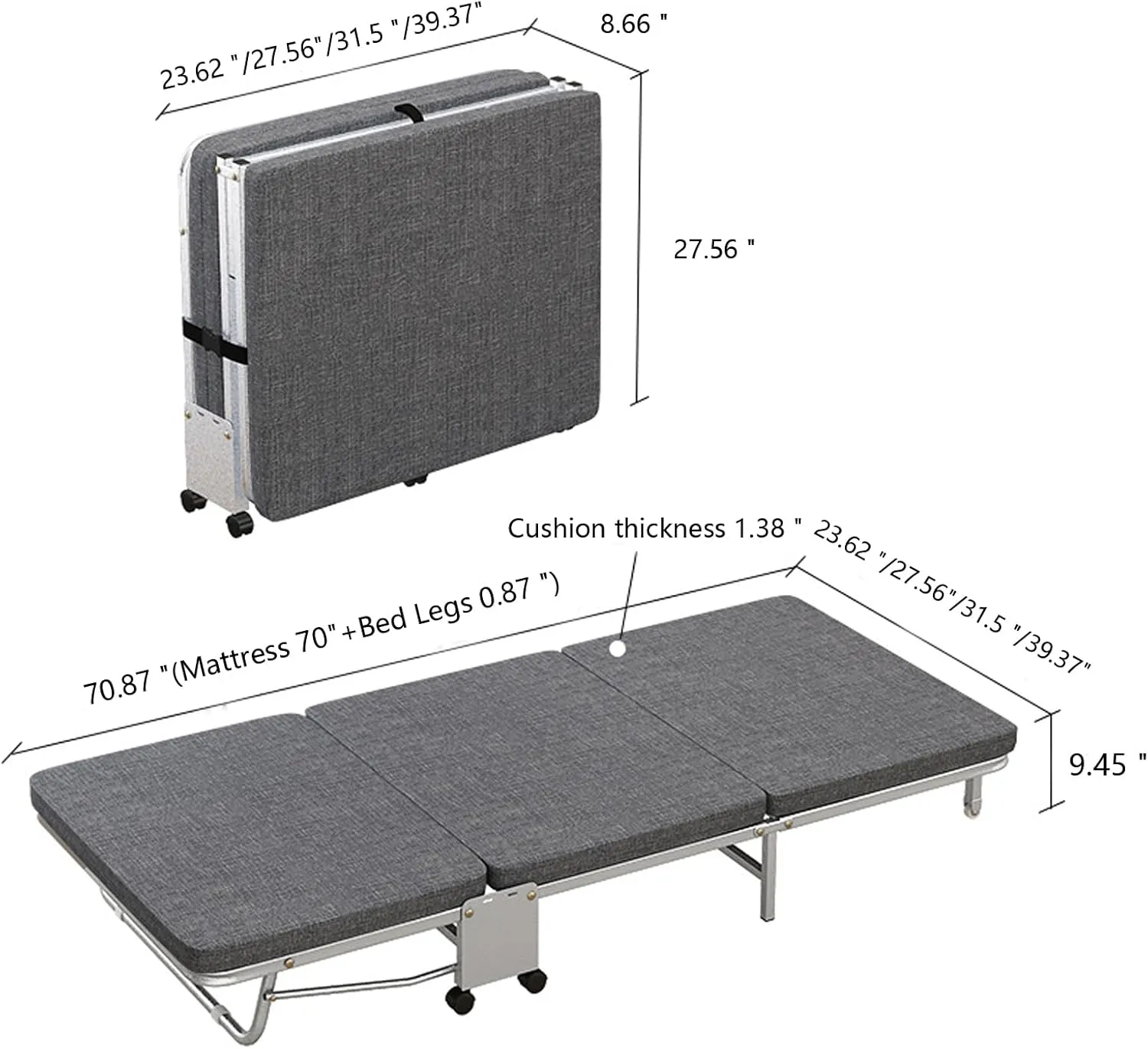 ( Lightweight Camping Cot with Mattress for Adults - Portable Folding Sleeping Cot - Office Bed with Wheels for Office Rest, Accompany, Take A Nap, and Sleep (Grey,23.62" X70.87