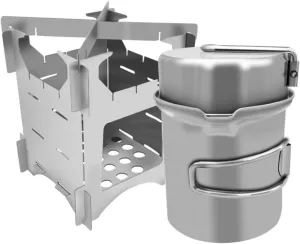 1 Set Folding Camping Cookware Set Portable Stainless Steel Pots Burning Stove Kit for Outdoor Cooking for Camping Backpacking Hiking and Family Gatherings
