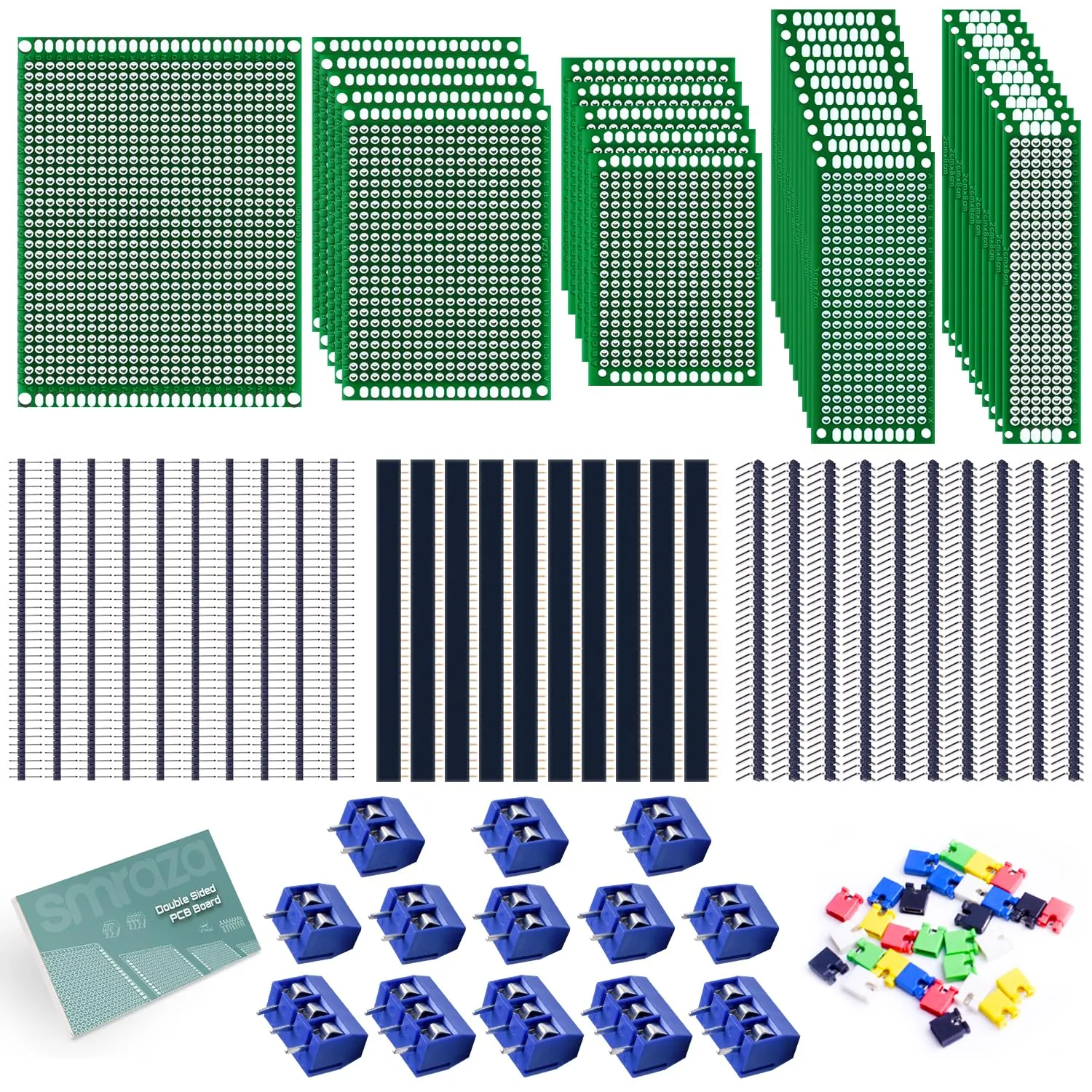 104pcs Double Sided PCB Board Kit, Prototype Boards for DIY Soldering and Electronic Project Circuit Boards Compatible with Arduino Kits, 30PCS 40 Pin 2.54mm Male and Female Header Connector