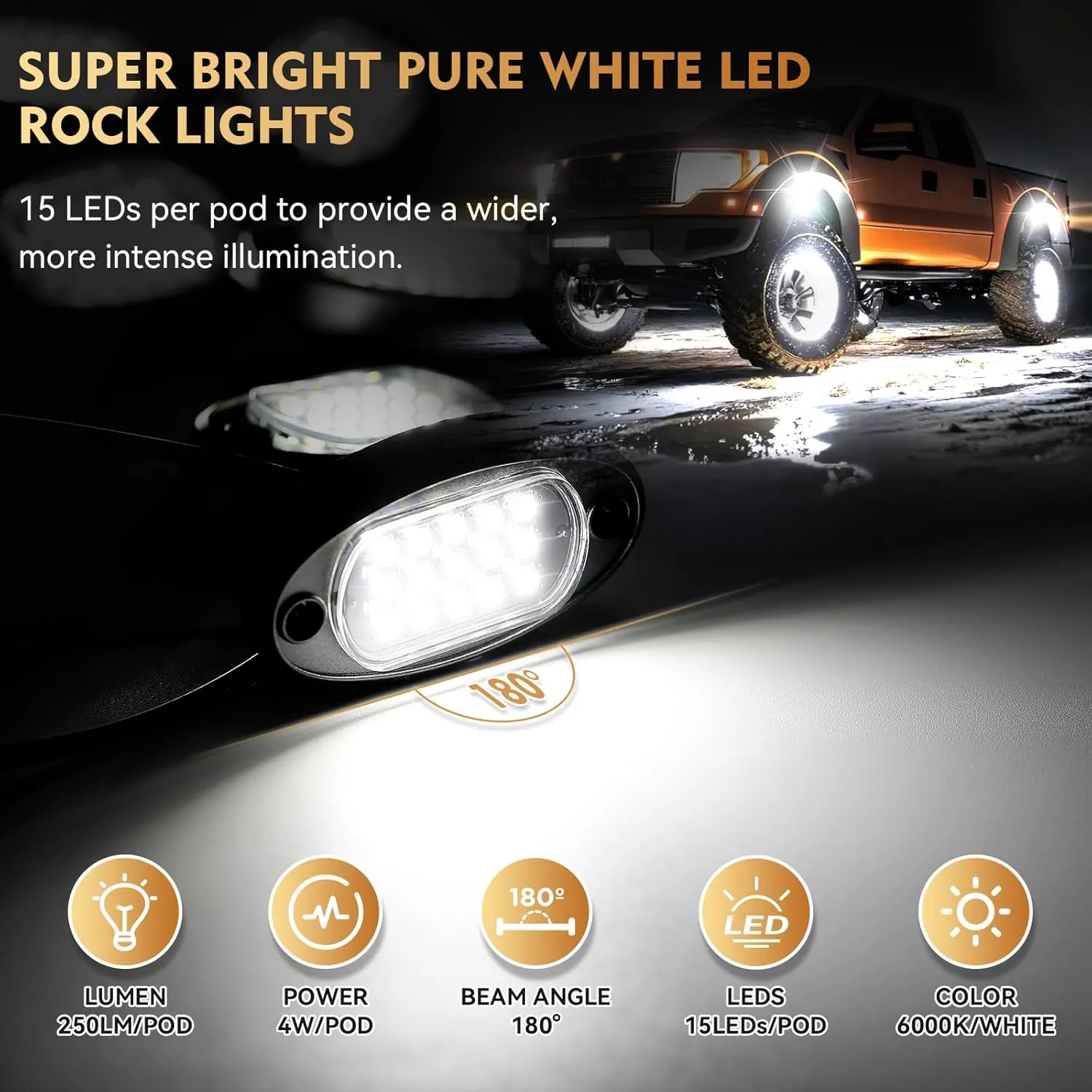 10Pods Pure White LED Rock Lights Kit with Switch Wiring Harness Extension Wire, 6500K 15LEDs Neon Underglow Light Waterproof Fender Lights for Car Trucks