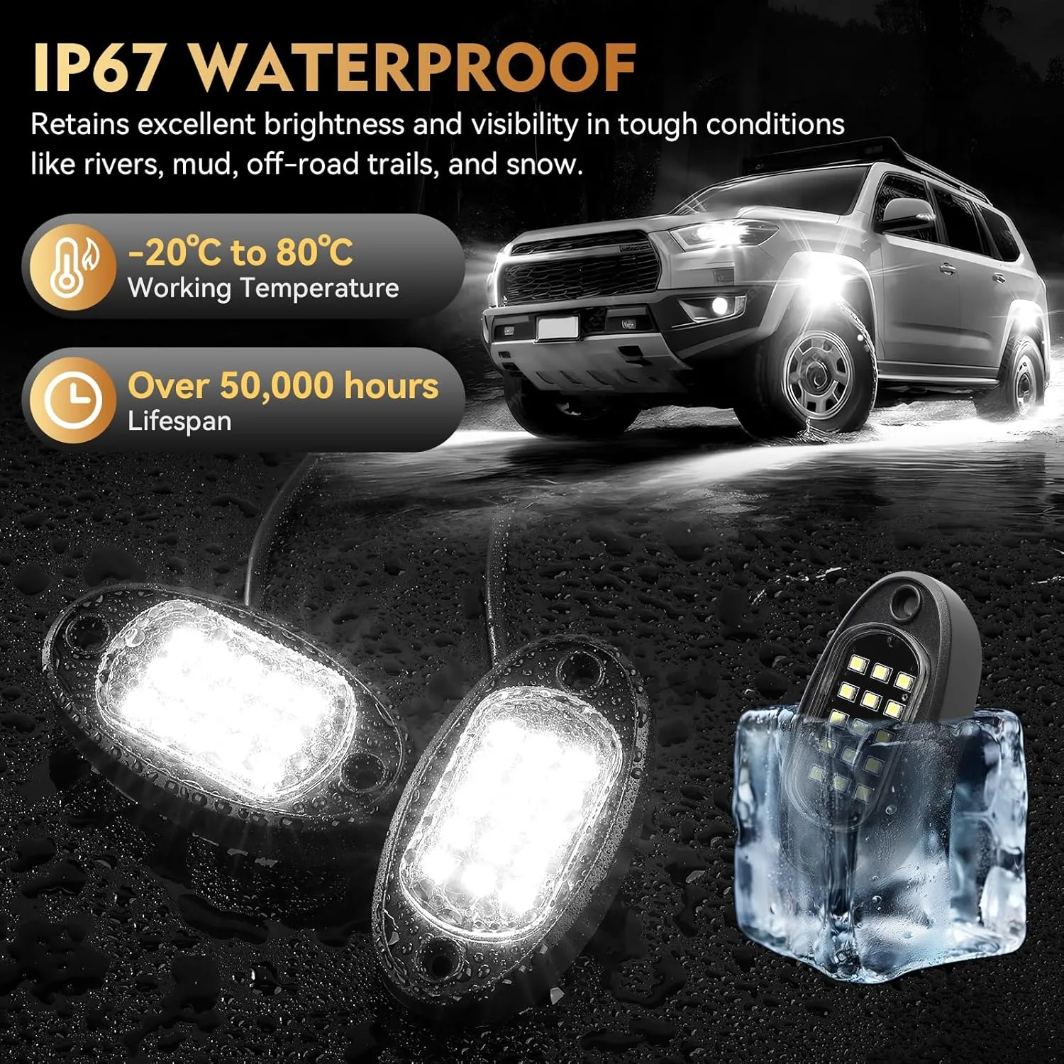 10Pods Pure White LED Rock Lights Kit with Switch Wiring Harness Extension Wire, 6500K 15LEDs Neon Underglow Light Waterproof Fender Lights for Car Trucks