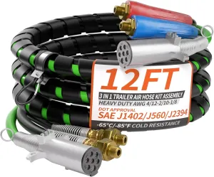 12FT 3 in 1 Trailer Air Line Hose Kit Assembly with 7 Way ABS Electrical Power Cable Airline Hose Wrap for Semi Trucks Trailer Tractor