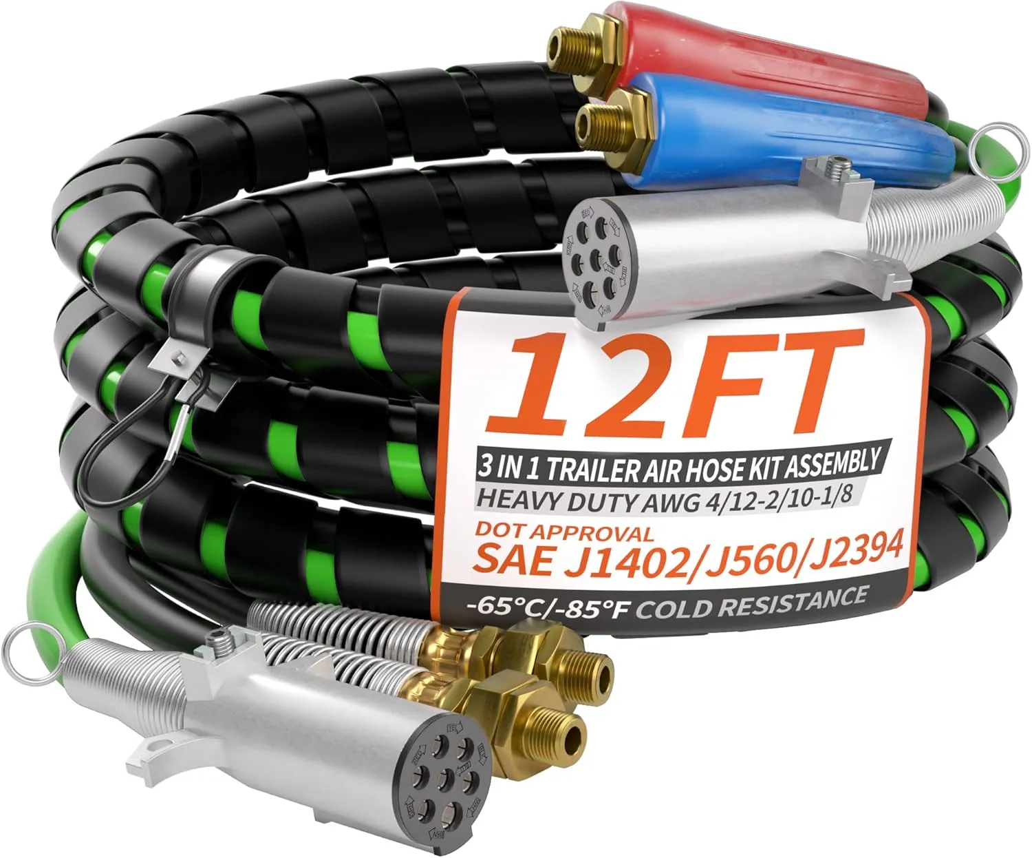 12FT 3 in 1 Trailer Air Line Hose Kit Assembly with 7 Way ABS Electrical Power Cable Airline Hose Wrap for Semi Trucks Trailer Tractor