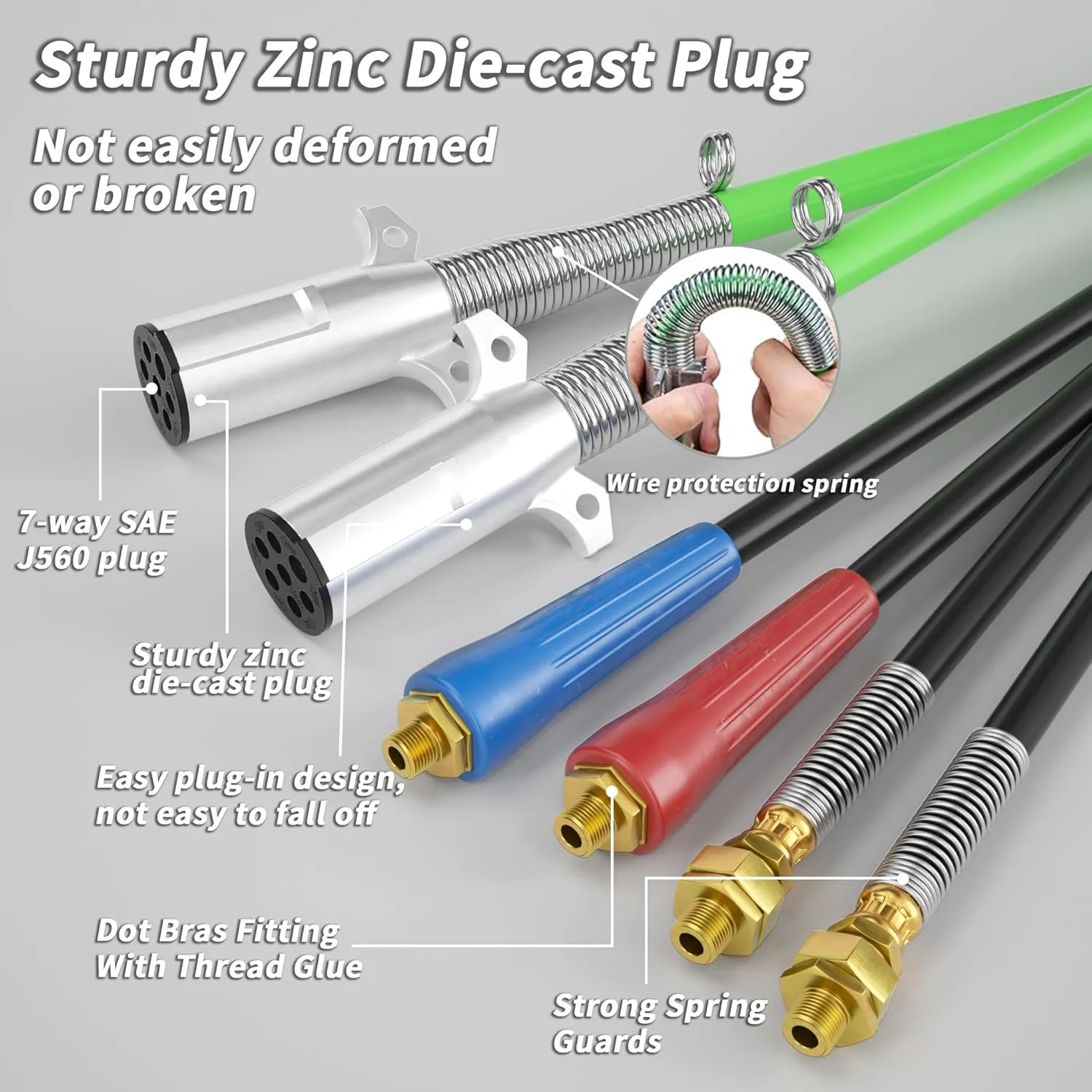 12FT 3 in 1 Trailer Air Line Hose Kit Assembly with 7 Way ABS Electrical Power Cable Airline Hose Wrap for Semi Trucks Trailer Tractor