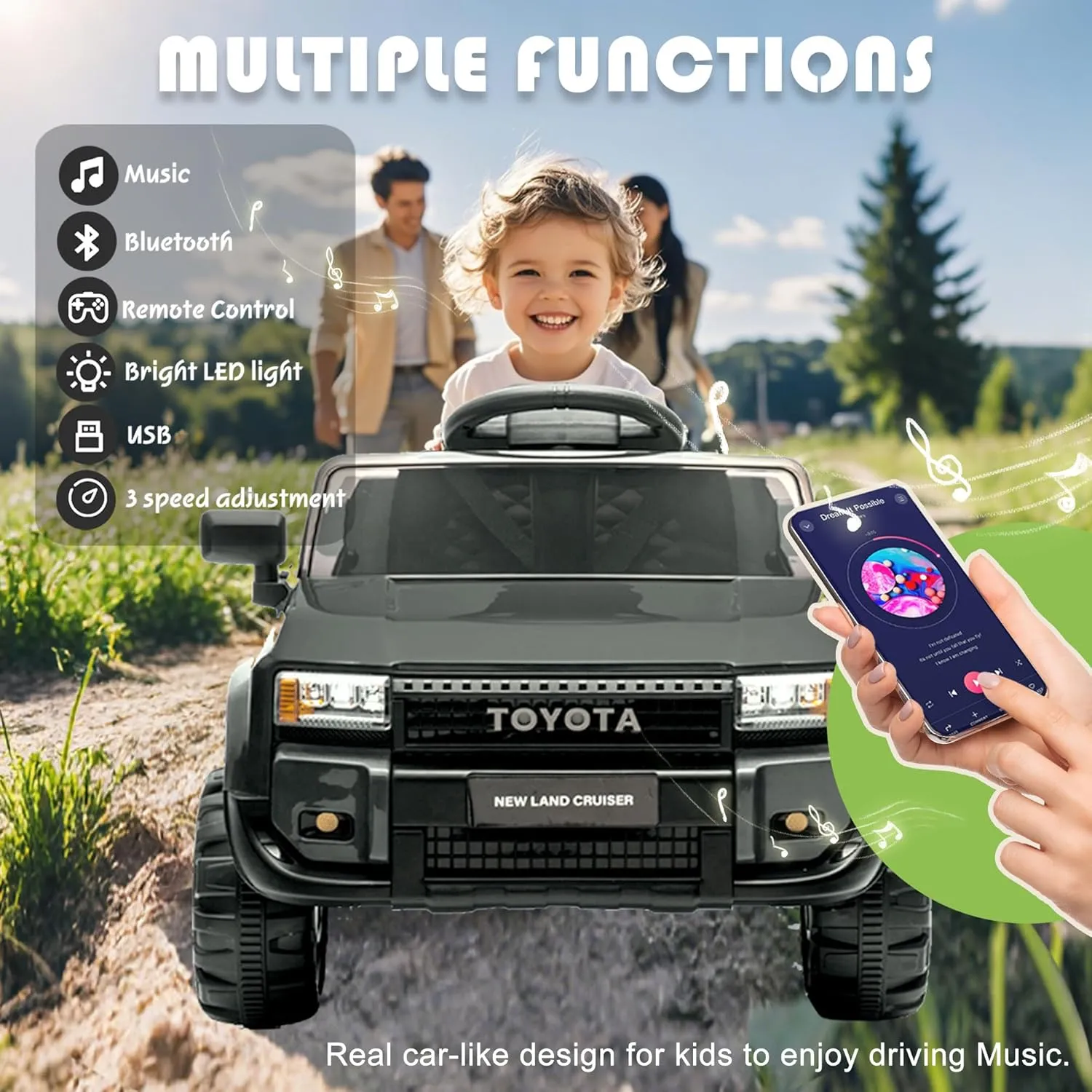 12V Kids Ride on Car for Ages 1-5, Electric Car W/Parent Remote Control,Licensed Toyota 4 Wheel Outdoor Suspension, Bluetooth/USB Music,LED Lights,70lbs Load Capacity(Black)
