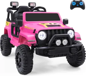 12V Ride on Jeep Car, Parent Remote, Large Seat w/Harness, Music Player, 2x25W 3.1MPH Max Speed, Spring Suspension, Powerful Electric Car for Kids Ages 3  (Pink)