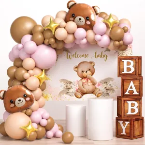 137 Teddy Bear Baby Shower Decorations for Girl Brown Blue Balloon Garland Arch Kit Wood Grain Boxes with Letters Welcome Baby Backdrop Bearly Wait Girl Baby Shower Decorations Decor