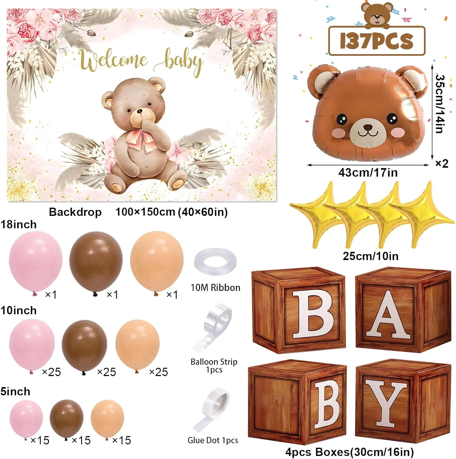 137 Teddy Bear Baby Shower Decorations for Girl Brown Blue Balloon Garland Arch Kit Wood Grain Boxes with Letters Welcome Baby Backdrop Bearly Wait Girl Baby Shower Decorations Decor