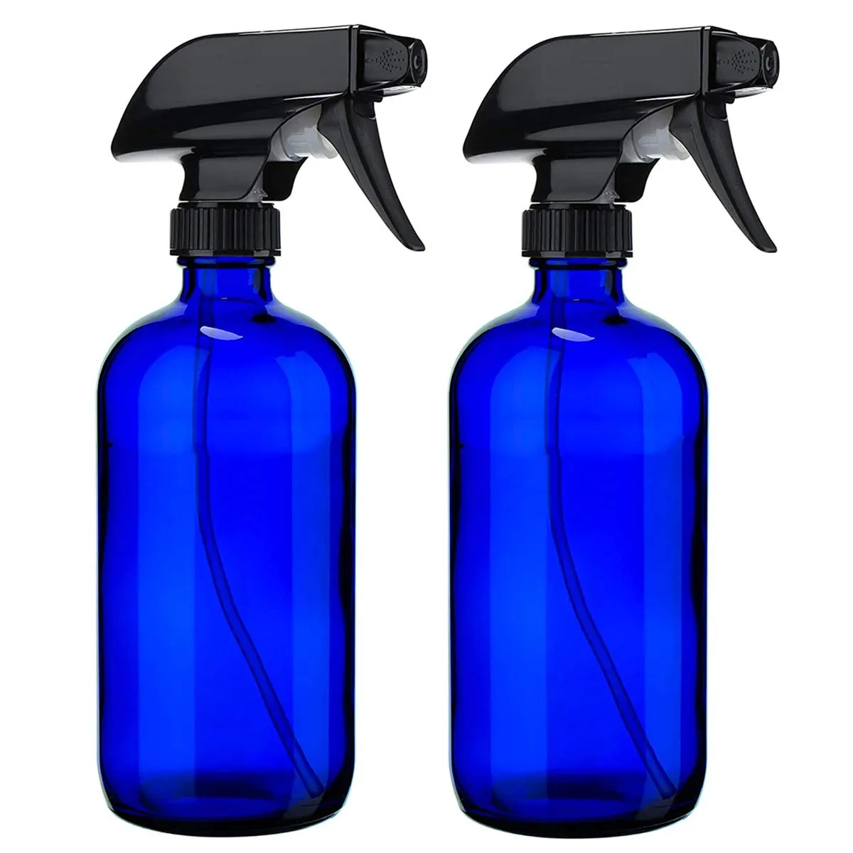 16oz Empty Glass Spray Bottles - Refillable Boston Round Container with Mist & Stream Trigger Settings Sprayer for Essential Oils, Cleaning, Kitchen, Hair(Blue,2Pack)