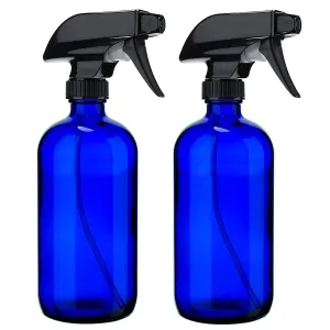 16oz Empty Glass Spray Bottles - Refillable Boston Round Container with Mist & Stream Trigger Settings Sprayer for Essential Oils, Cleaning, Kitchen, Hair(Blue,2Pack)