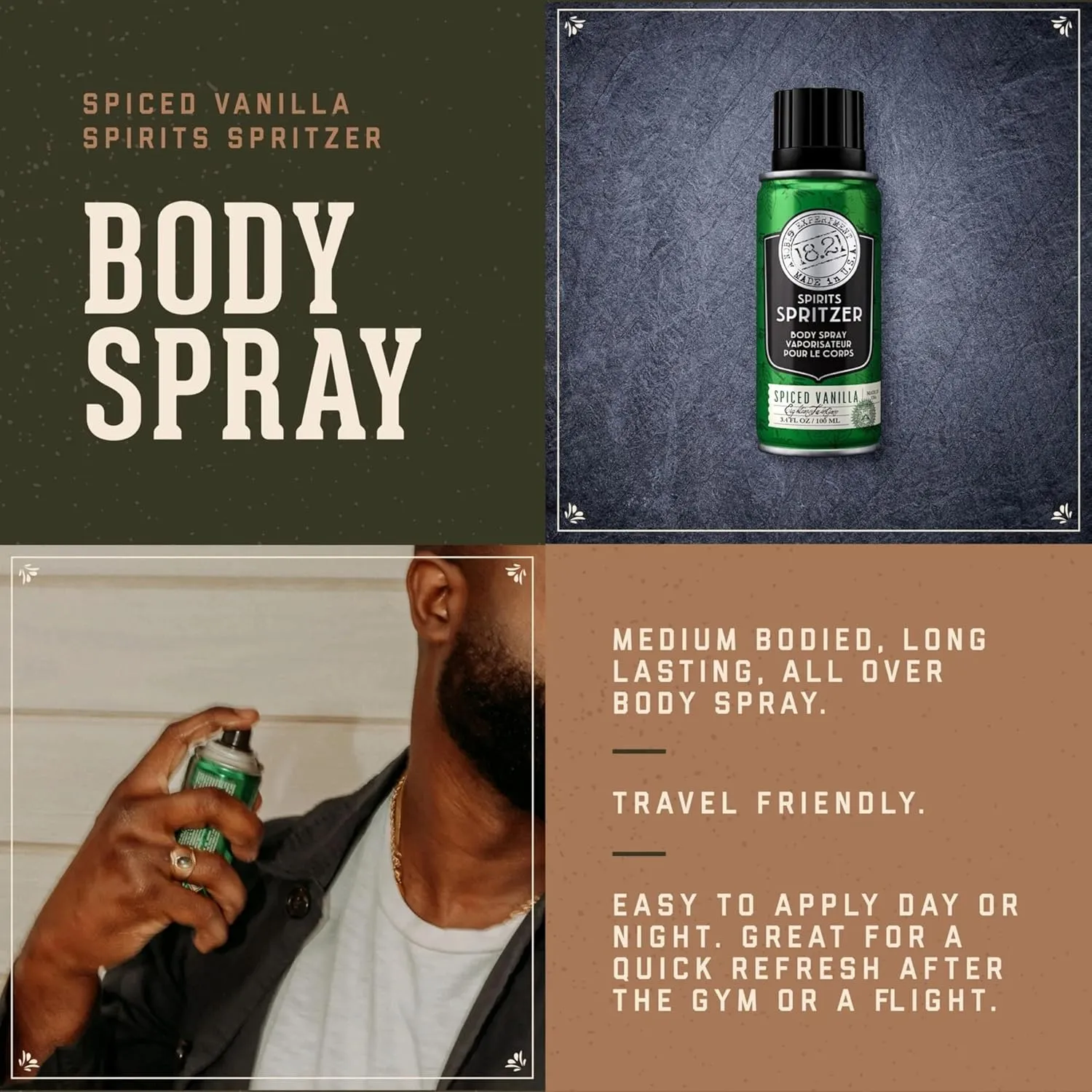 18.21 Man Made Men’s Spirits Spritzer, 3.4 oz. - Long-Lasting All Over Body Spray with Masculine Aromatics - Gifts for Him
