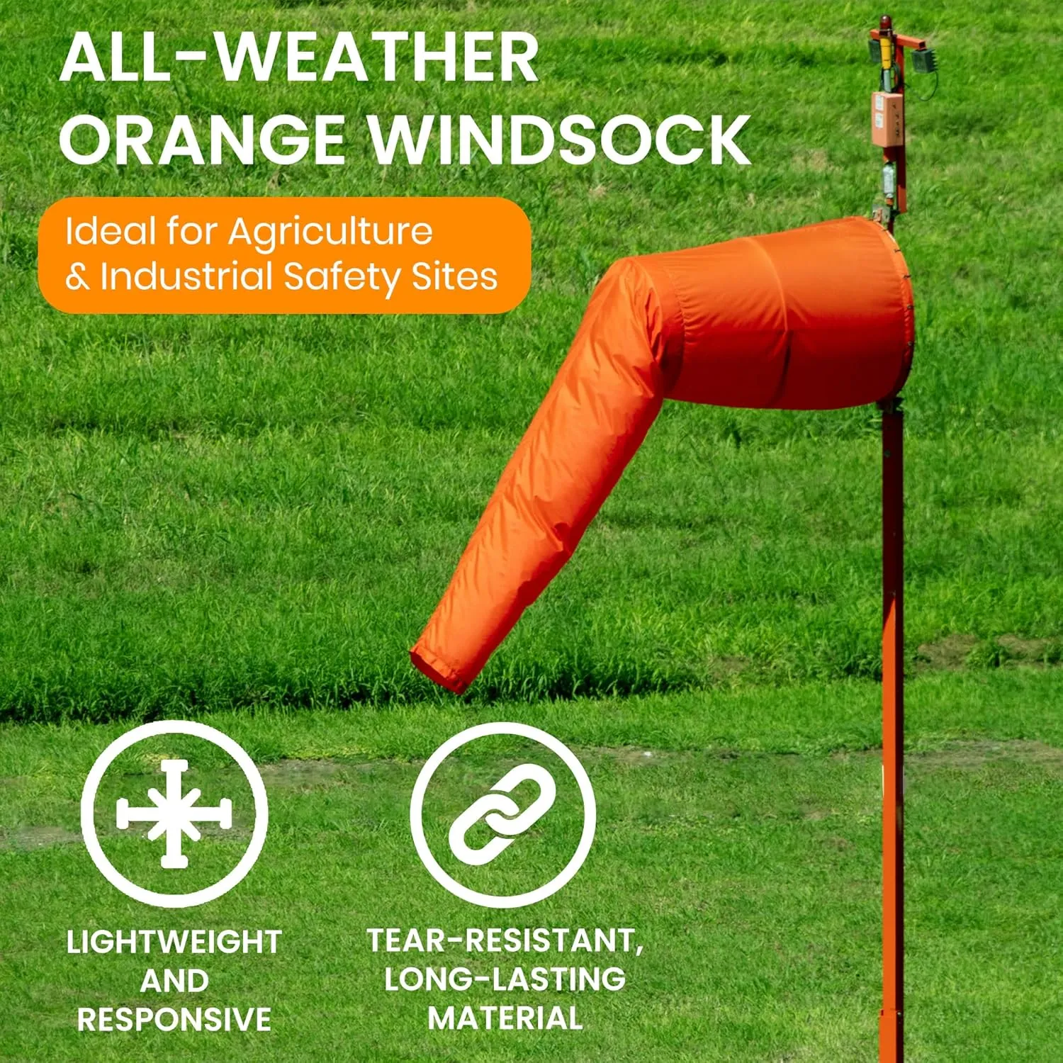 18"x60" Airport Windsock | Heavy Duty, Waterproof, UV Fade Resistant, High Vis Fluorescent, Quad Stitched, Zip Ties Included, for Industrial, Ranch, and Agricultural Use | Orange