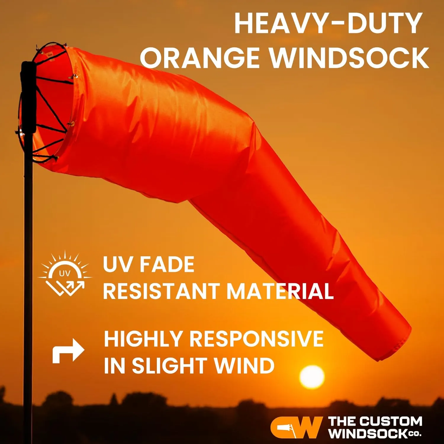 18"x60" Airport Windsock | Heavy Duty, Waterproof, UV Fade Resistant, High Vis Fluorescent, Quad Stitched, Zip Ties Included, for Industrial, Ranch, and Agricultural Use | Orange