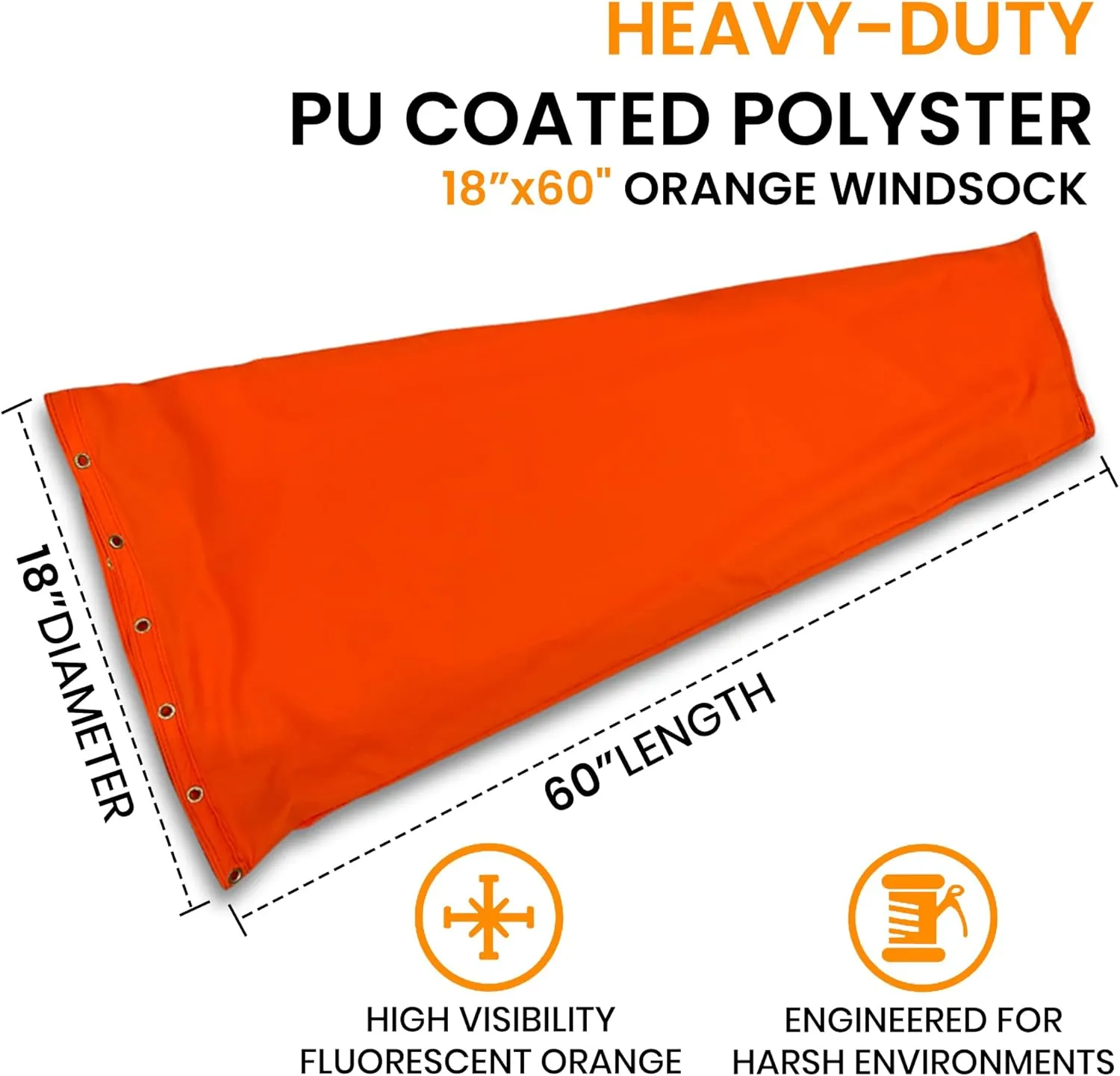 18"x60" Airport Windsock | Heavy Duty, Waterproof, UV Fade Resistant, High Vis Fluorescent, Quad Stitched, Zip Ties Included, for Industrial, Ranch, and Agricultural Use | Orange