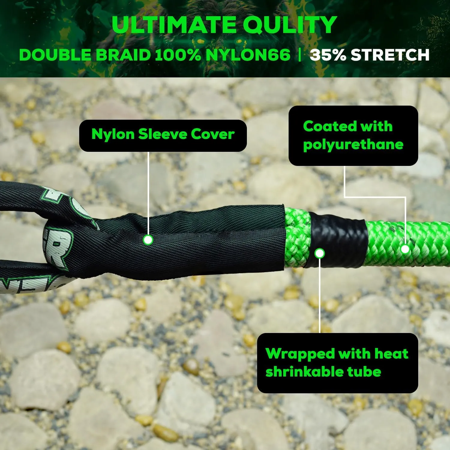 1" x 30ft Kinetic Recovery Tow Rope 48600LBS with 2 Soft Shackles Kit Heavy Duty Offroad Recovery Rope Kit for Trucks SUV UTV ATV Tractor Car Jeep (Green)
