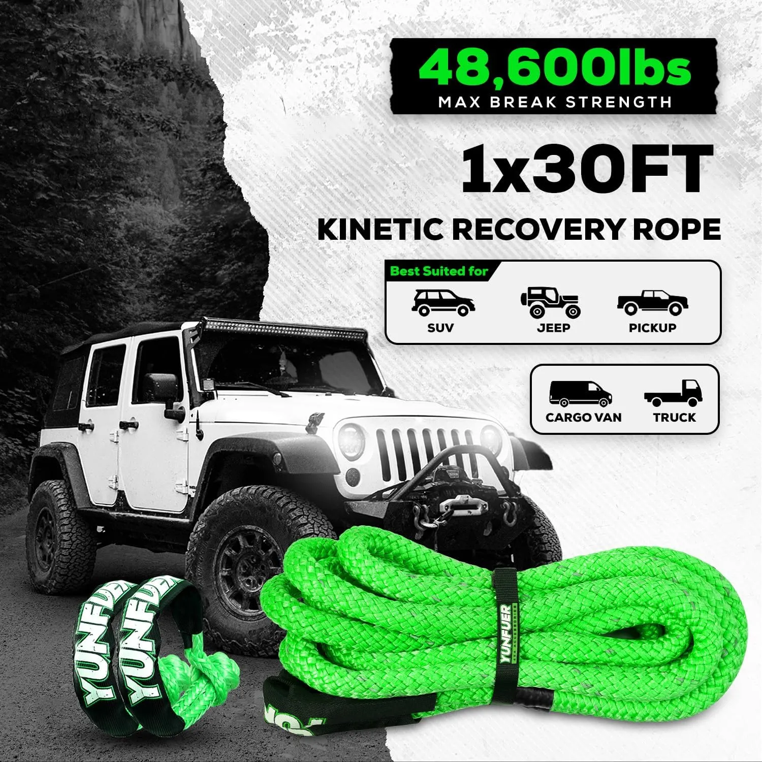 1" x 30ft Kinetic Recovery Tow Rope 48600LBS with 2 Soft Shackles Kit Heavy Duty Offroad Recovery Rope Kit for Trucks SUV UTV ATV Tractor Car Jeep (Green)
