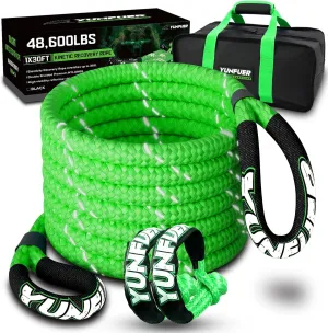 1" x 30ft Kinetic Recovery Tow Rope 48600LBS with 2 Soft Shackles Kit Heavy Duty Offroad Recovery Rope Kit for Trucks SUV UTV ATV Tractor Car Jeep (Green)