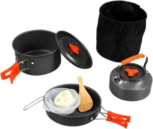 1Set Person Portable Outdoor Camping Cookware Picnic Cooking Kit with Durable Pots and Kettle Lightweight and Compact for Hiking and Backpacking Activities