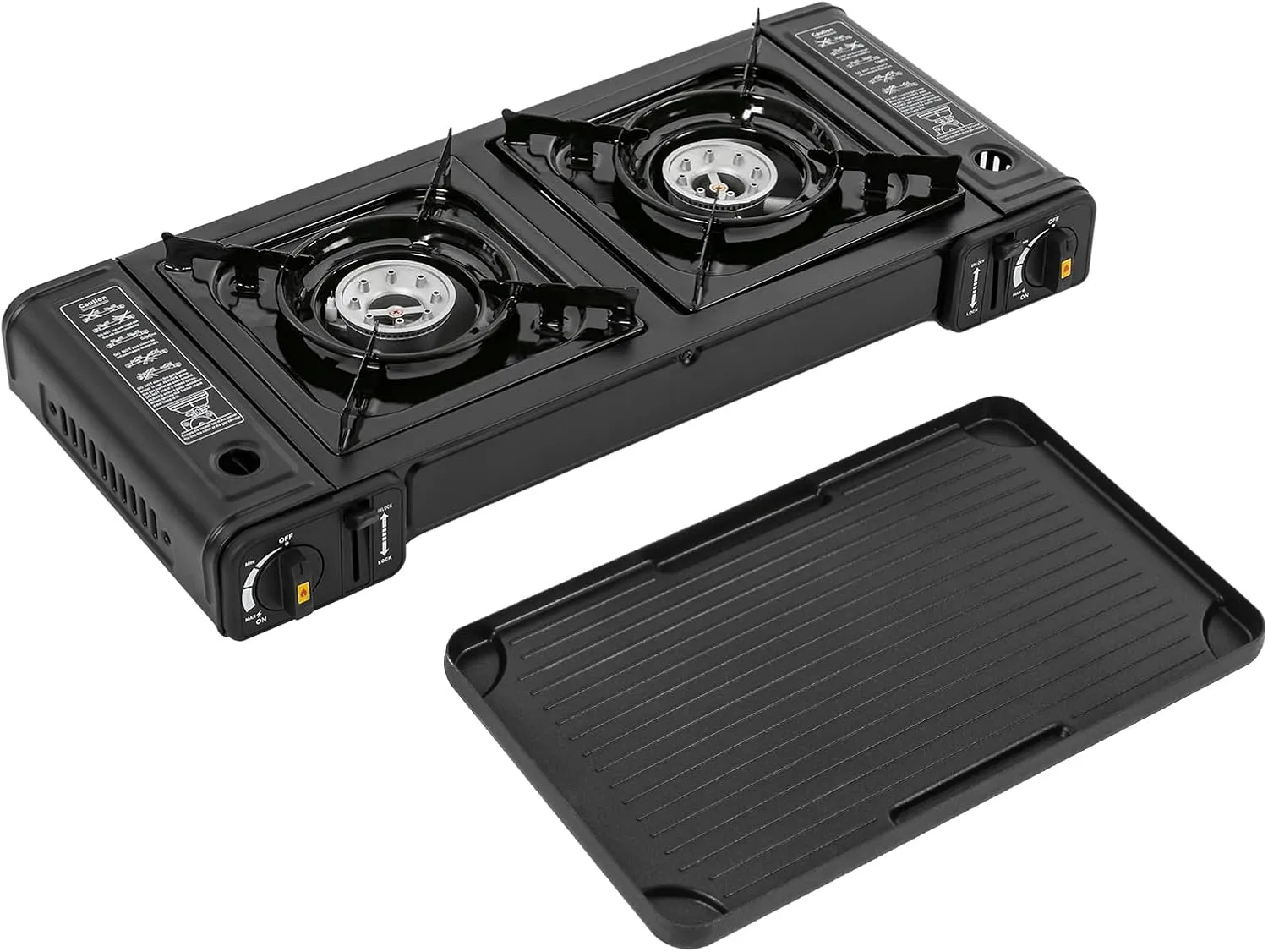 2-Burner Butane Camping Stove Portable Camping Grill Stove Adjustable Fire Power with Grill Tray and Air Vents 166g/h Gas Consumption for Camping, BBQ 25.2 x 10.94 x 3.15 In