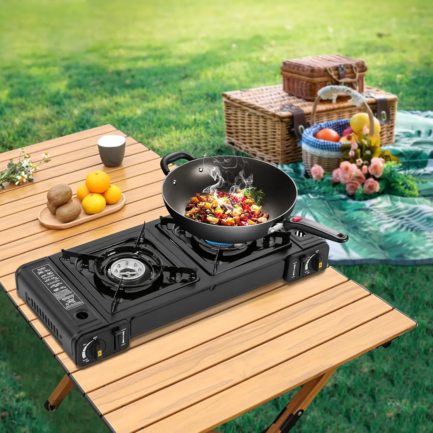 2 Burner Butane Camping Stove, Portable Outdoor Gas Stove Adjustable Burners with Carrying Case for Camping RV BBQ Picnic, Black (without Grill Tray)