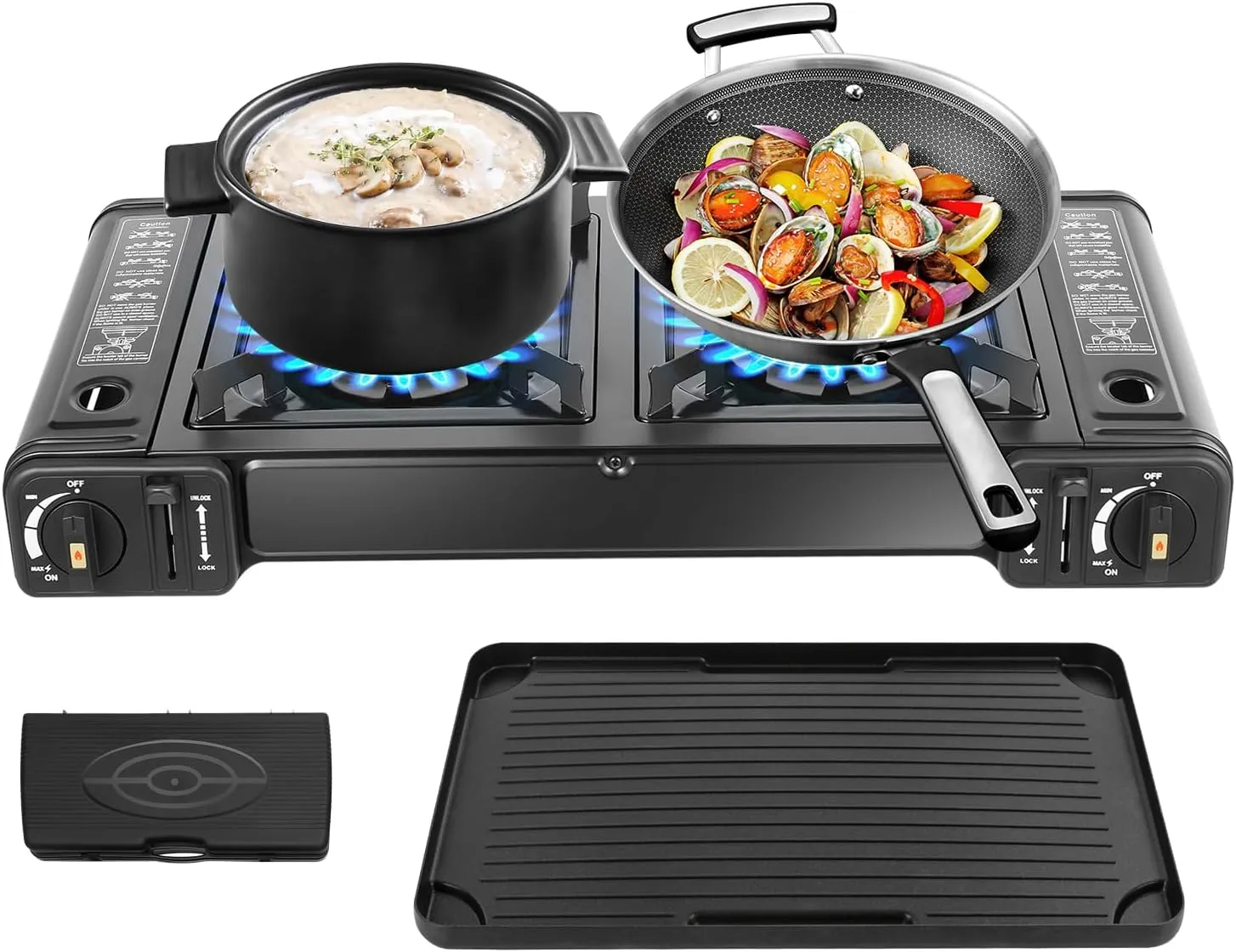 2-Burner Butane Camping Stove, Push-Button Instant Ignition, Portable Camp Grill, Adjustable Burners,Auto Ignition Camping Burner LPG for Beach Cookouts,BBQ (include Baking tray)