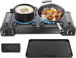 2-Burner Butane Camping Stove, Push-Button Instant Ignition, Portable Camp Grill, Adjustable Burners,Auto Ignition Camping Burner LPG for Beach Cookouts,BBQ (include Baking tray)