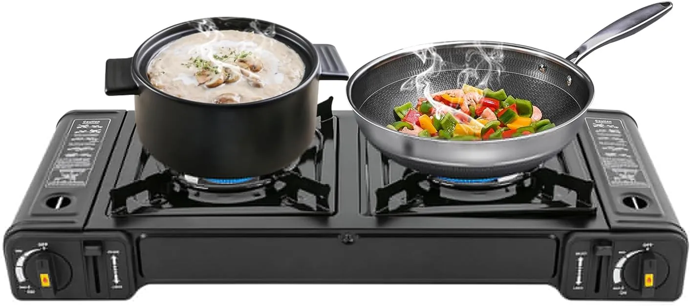 2 Burner Camp Stove, Portable Camping Stove Outdoor Stove with Grill Tray Non-Stick Coating for Cooking, Butane Stove Camp Chef 2 Burner Stove for Camping RV Apartments, 25.2 * 10.94 * 3.15 In