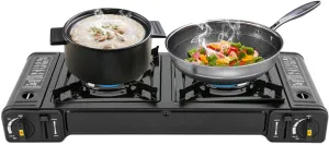 2 Burner Camp Stove, Portable Camping Stove Outdoor Stove with Grill Tray Non-Stick Coating for Cooking, Butane Stove Camp Chef 2 Burner Stove for Camping RV Apartments, 25.2 * 10.94 * 3.15 In