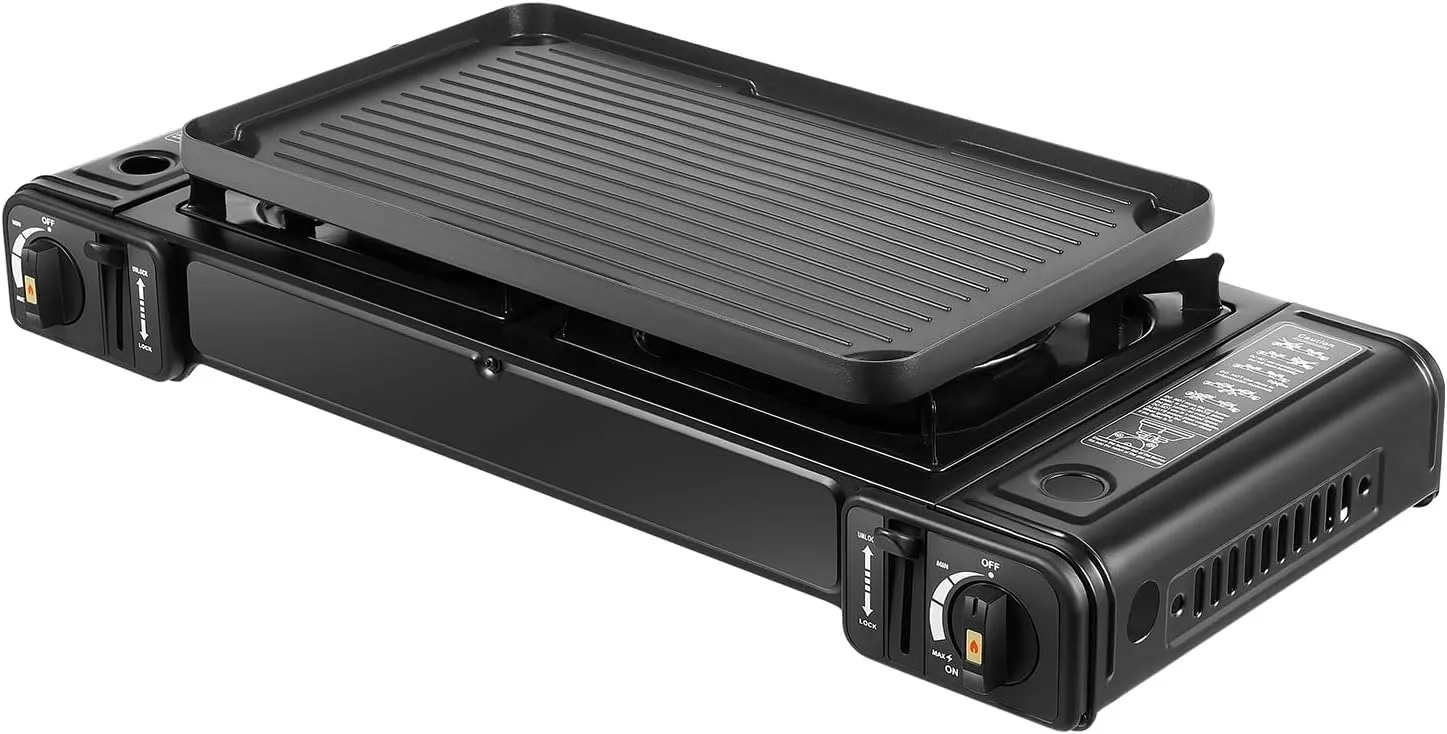 2-Burner Camping Stove with Grill Tray and Carry Case, Portable Butane Gas Cooktop with Adjustable Flame and Safety Features for Outdoor Cooking Hiking and BBQ Use