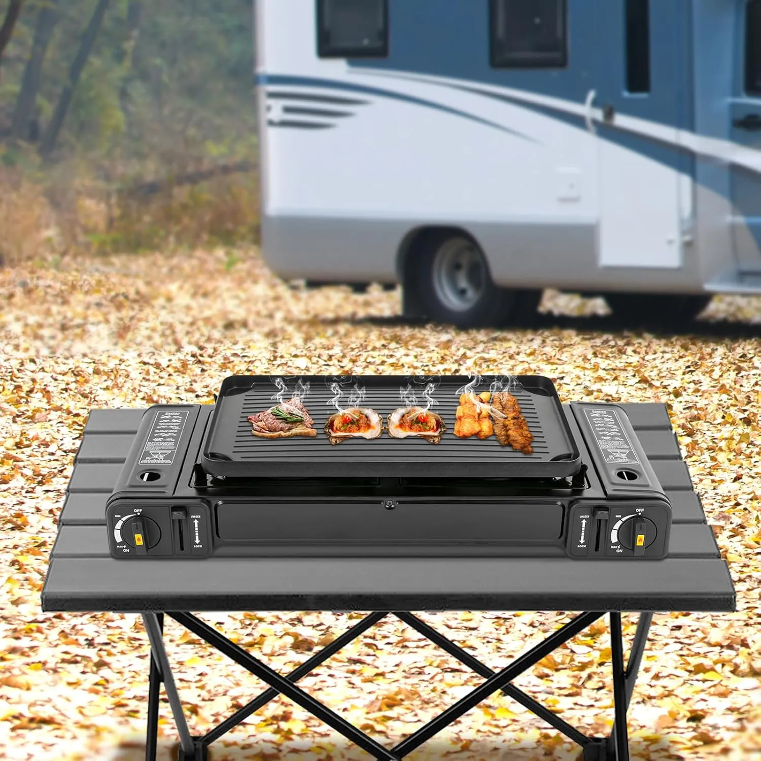 2-Burner Portable Camping Stove Portable Butane Camping Stove for Outdoor Cooking Auto Ignition Camping Burner LPG for RV, Apartments, Outdoor (24.2 * 10.6 * 3.4in)
