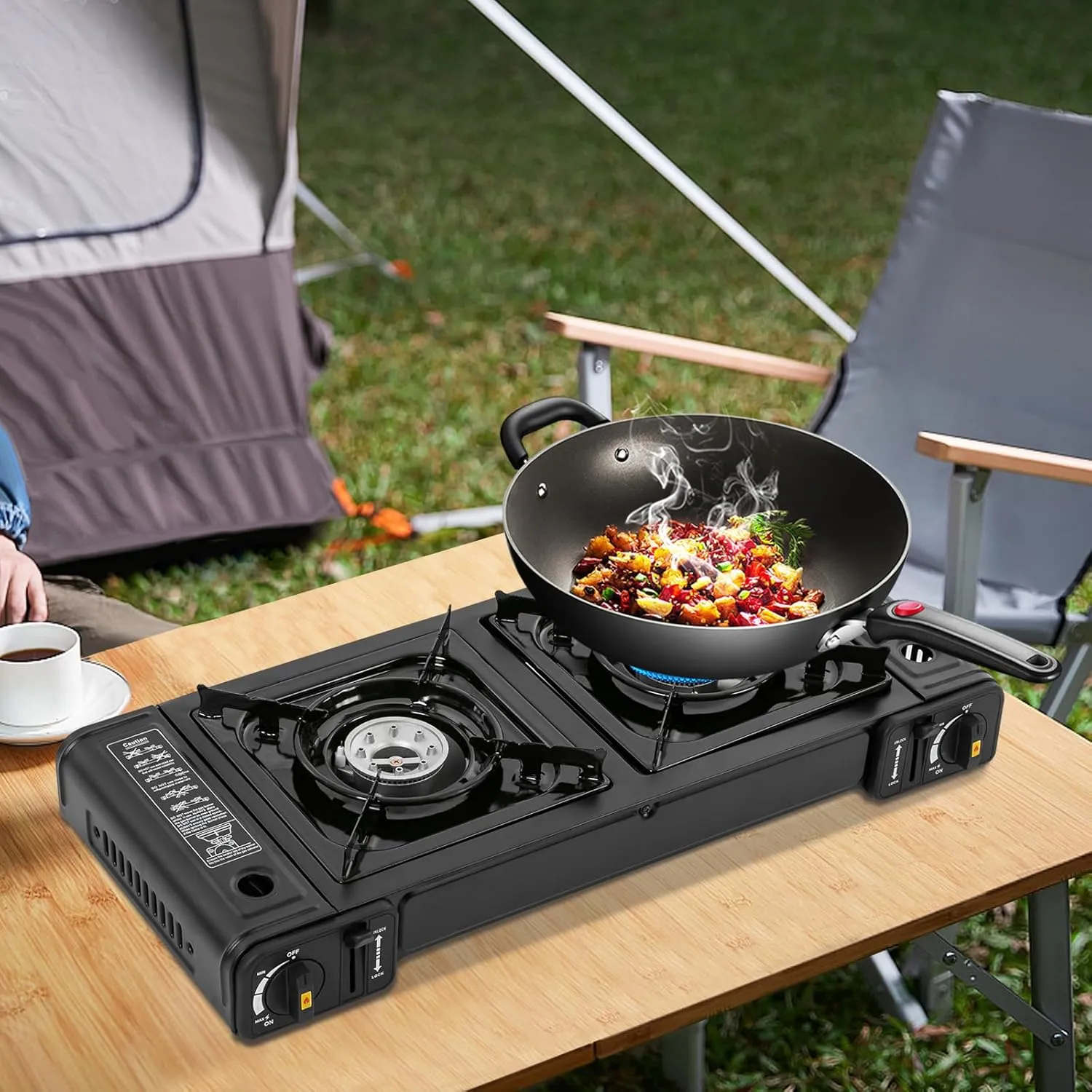 2 Burners Portable Camping Stove with Carrying Case, Double Burners Outdoor Auto Ignition Propane Camping Stove Butane Stove Butane Burner Emergency Cooking Stove Perfect for Camping, Hiking