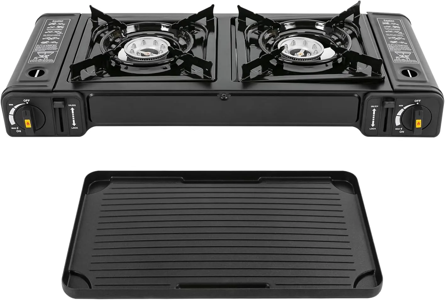 2 Burners Portable Stove With Carrying Case Butane Camping Stove With Grill Tray Included Outdoor Camp Stove Gas Stove For Camping/Road Trips (Grill Included Pan)