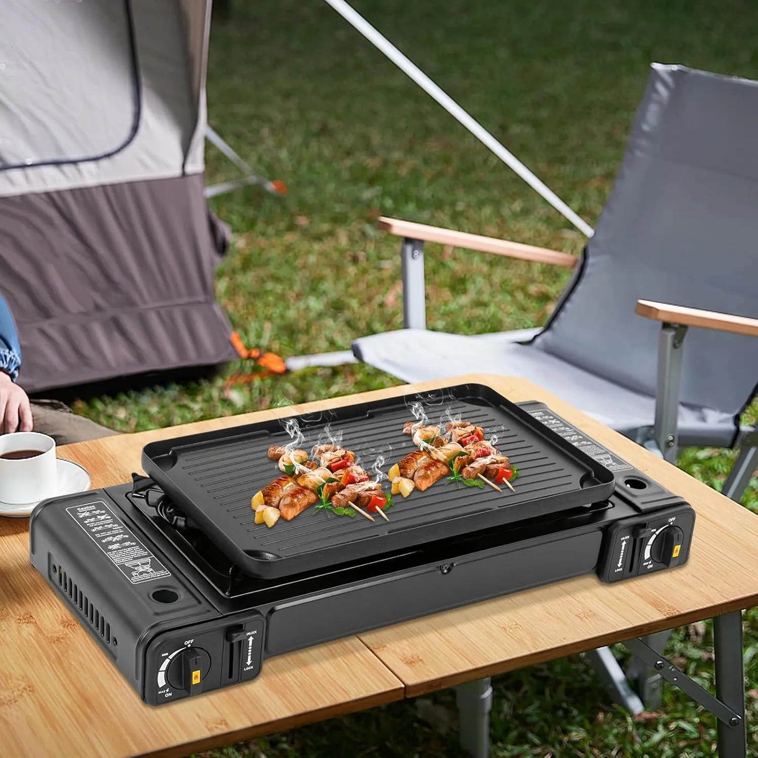 2 Burners Portable Stove With Carrying Case Butane Camping Stove With Grill Tray Included Outdoor Camp Stove Gas Stove For Camping/Road Trips (Grill Included Pan)
