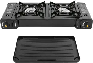 2 Burners Portable Stove With Carrying Case Butane Camping Stove With Grill Tray Included Outdoor Camp Stove Gas Stove For Camping/Road Trips (Grill Included Pan)