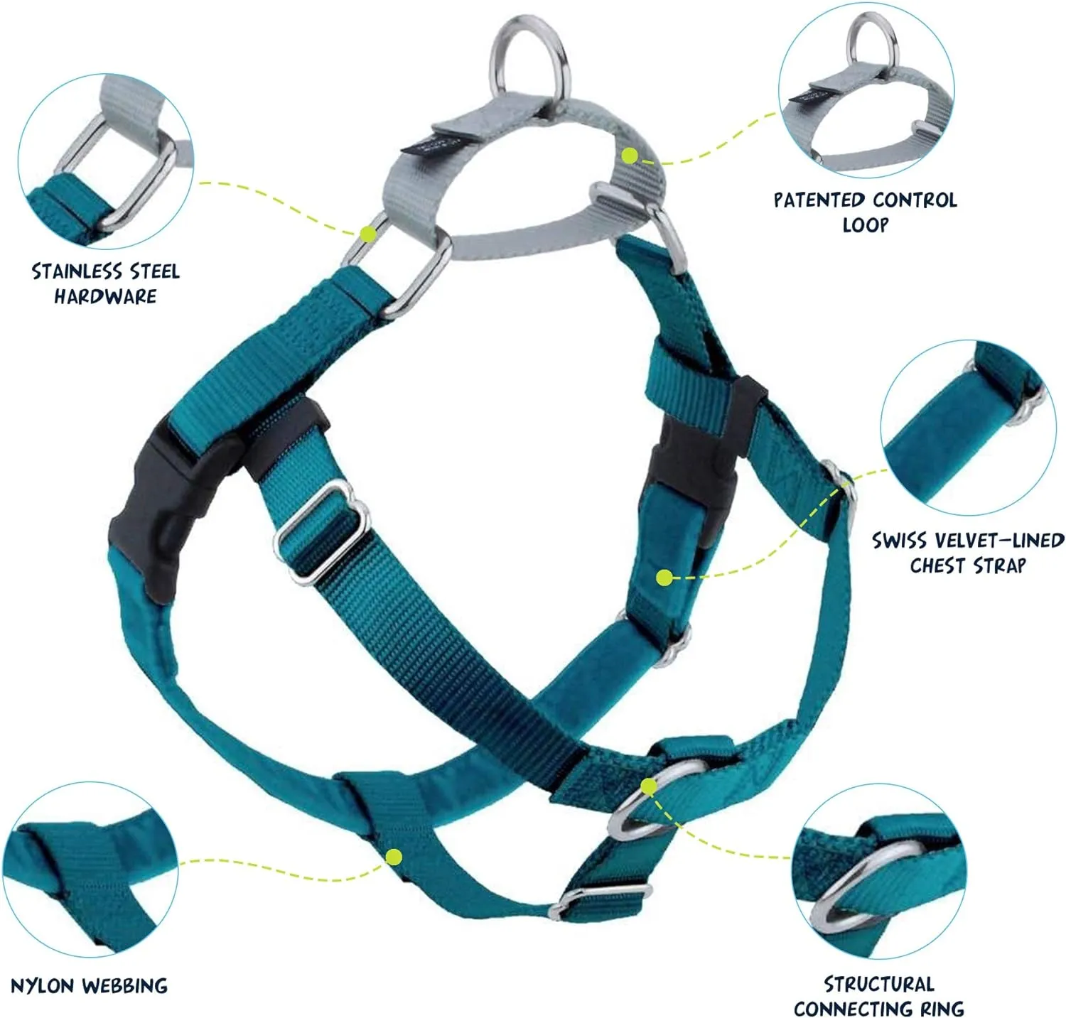 2 Hounds Design Freedom No Pull Dog Harness, Adjustable Harness and Leash Set, Easy Walking & Comfortable Control, Fits Small, Medium & Large Dogs, Solid Colors, Made in USA, 1" MD, Teal