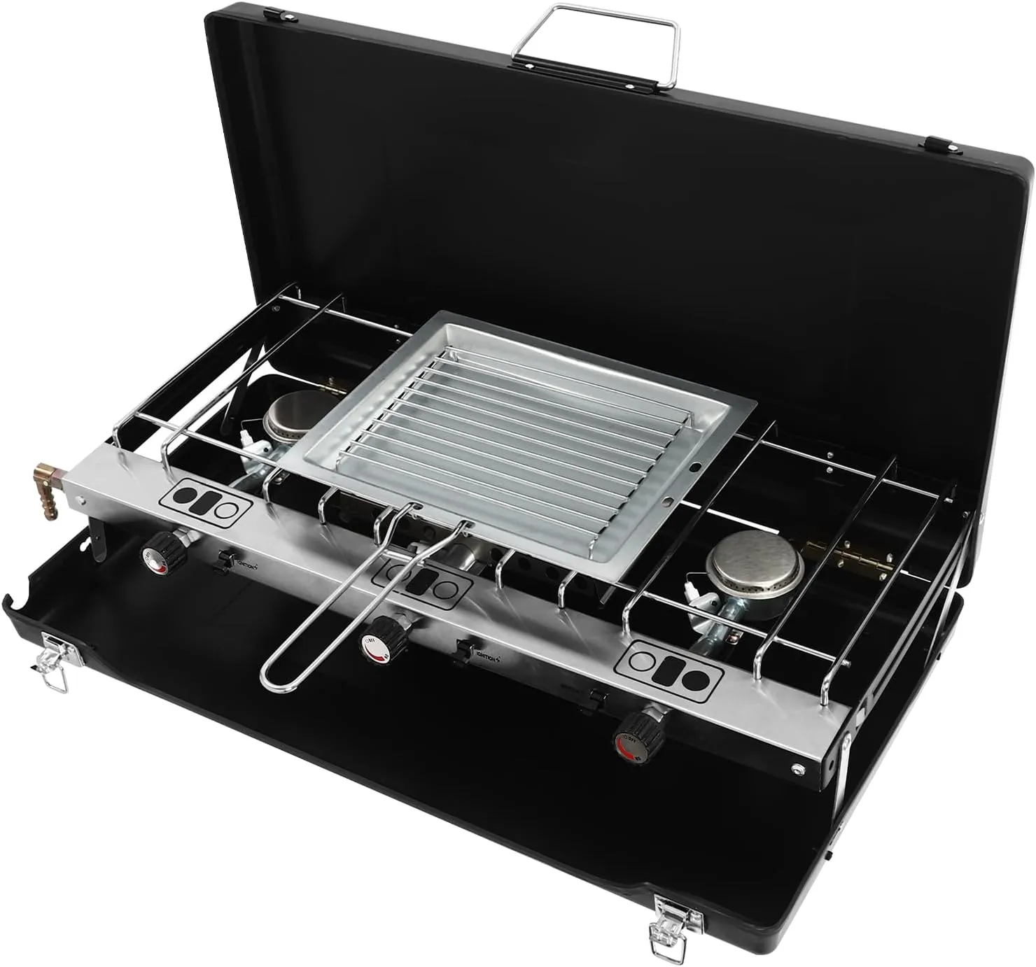 2 in 1 Camping Stove, 3 Burners Portable Propane Stove with Regulator and Toast Tray, Portable Stove Gas Stove for Outdoor Cooking Camping Tailgating Grilling BBQ Picnics