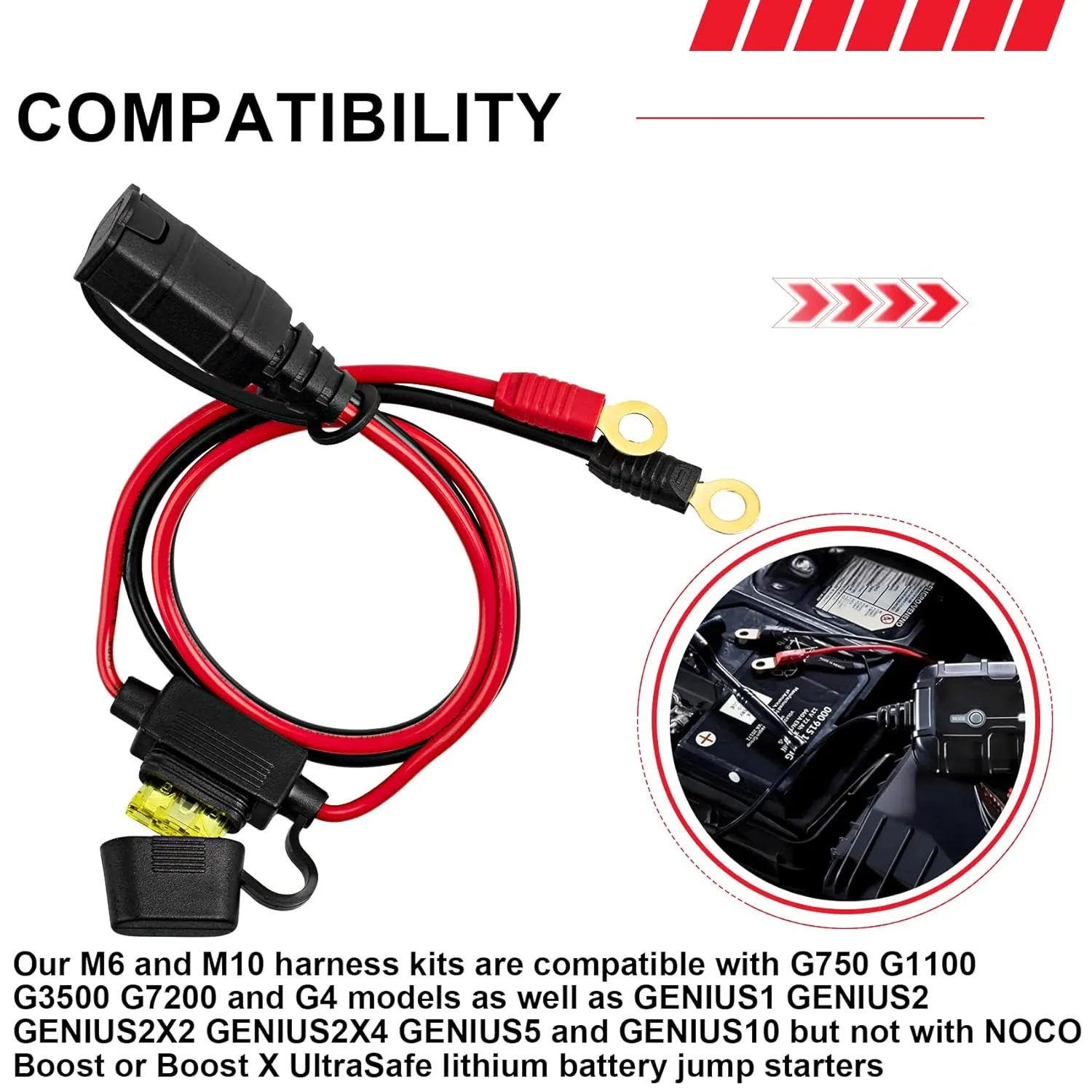 2 Pack Wire Harness Compatible with NOCO GC008 X-Connect and GC002 X-Connect, M10 (3/8in) and M6 (1/4in) XL Eyelet Terminal Connector, Contains 5 Fuses (10A, 15A, 20A, 25A, 30A)