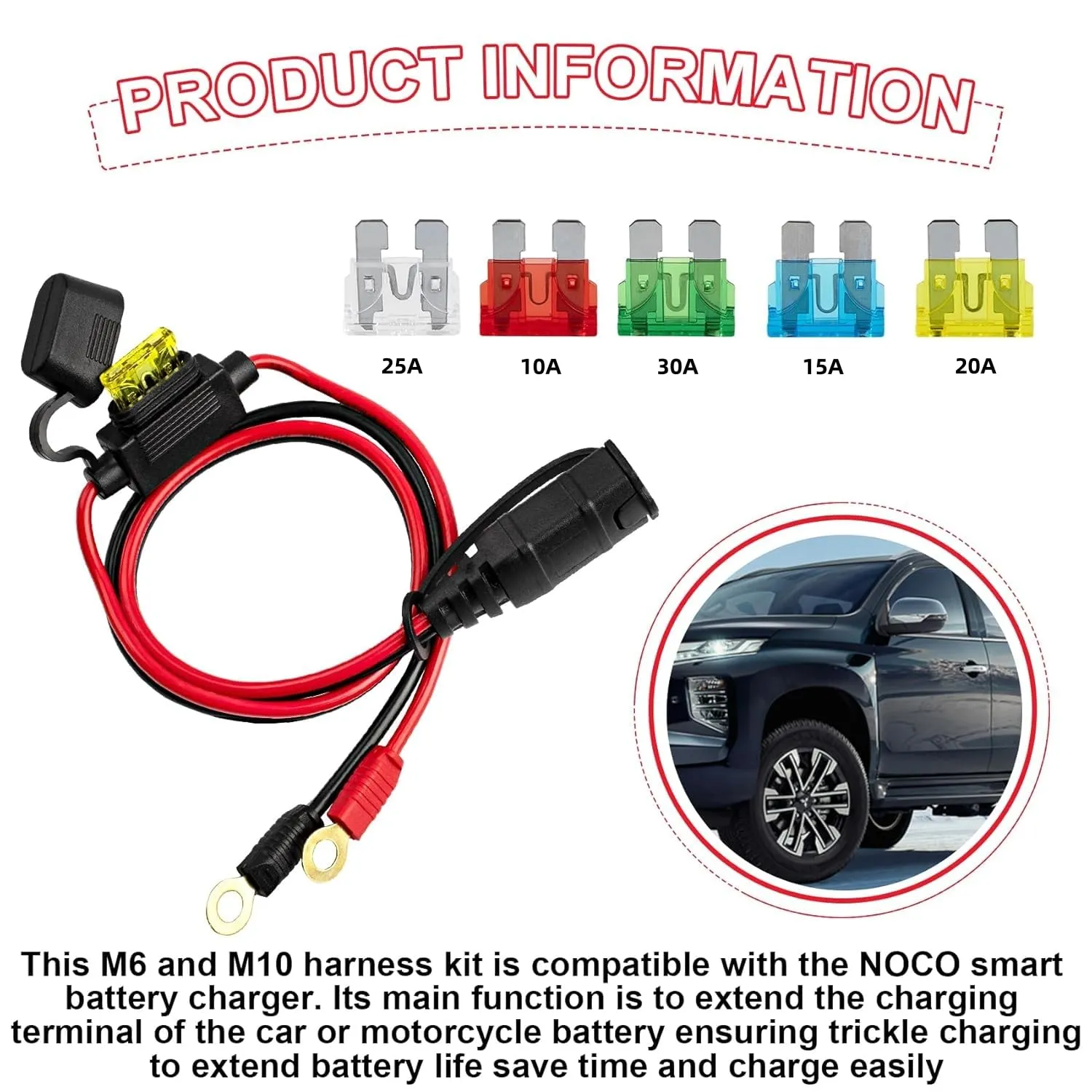 2 Pack Wire Harness Compatible with NOCO GC008 X-Connect and GC002 X-Connect, M10 (3/8in) and M6 (1/4in) XL Eyelet Terminal Connector, Contains 5 Fuses (10A, 15A, 20A, 25A, 30A)