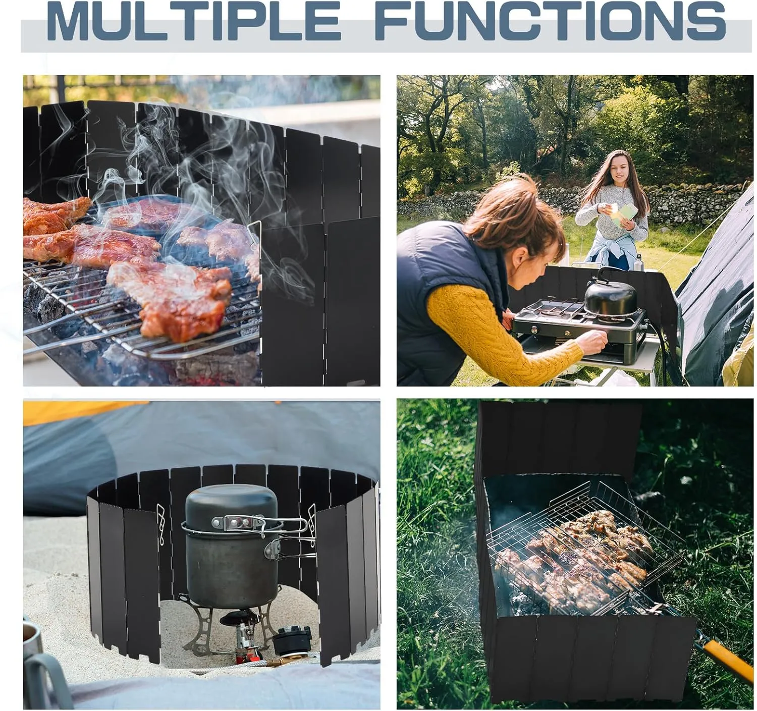 2 Pcs 40 Plate Chafing Wind Stove Dish Camping Guard 67 x 7.8'' Stainless Steel Folding Outdoor Windscreen with Drawstring Bag for Camp Picnic Burner Guard (Black)