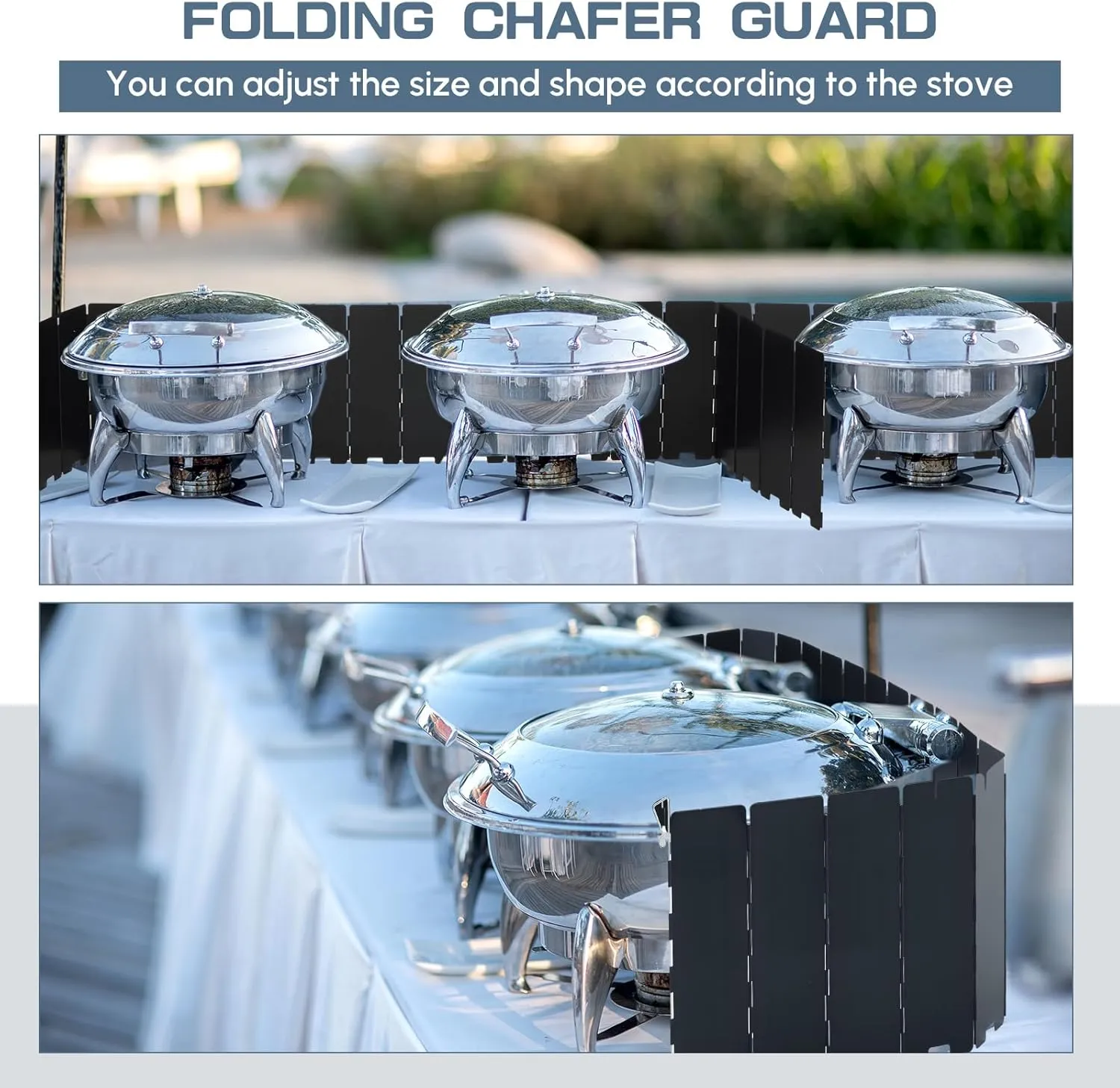 2 Pcs 40 Plate Chafing Wind Stove Dish Camping Guard 67 x 7.8'' Stainless Steel Folding Outdoor Windscreen with Drawstring Bag for Camp Picnic Burner Guard (Black)