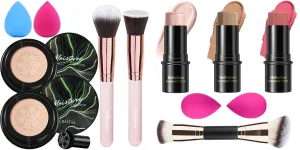 2 PCS Mushroom Head Air Cushion CC Cream Nature Foundation,3 Pcs Cream Contour Stick Makeup Kit, Shades with Highlighter Stick, Blush Stick and Bronzer Contour Stick