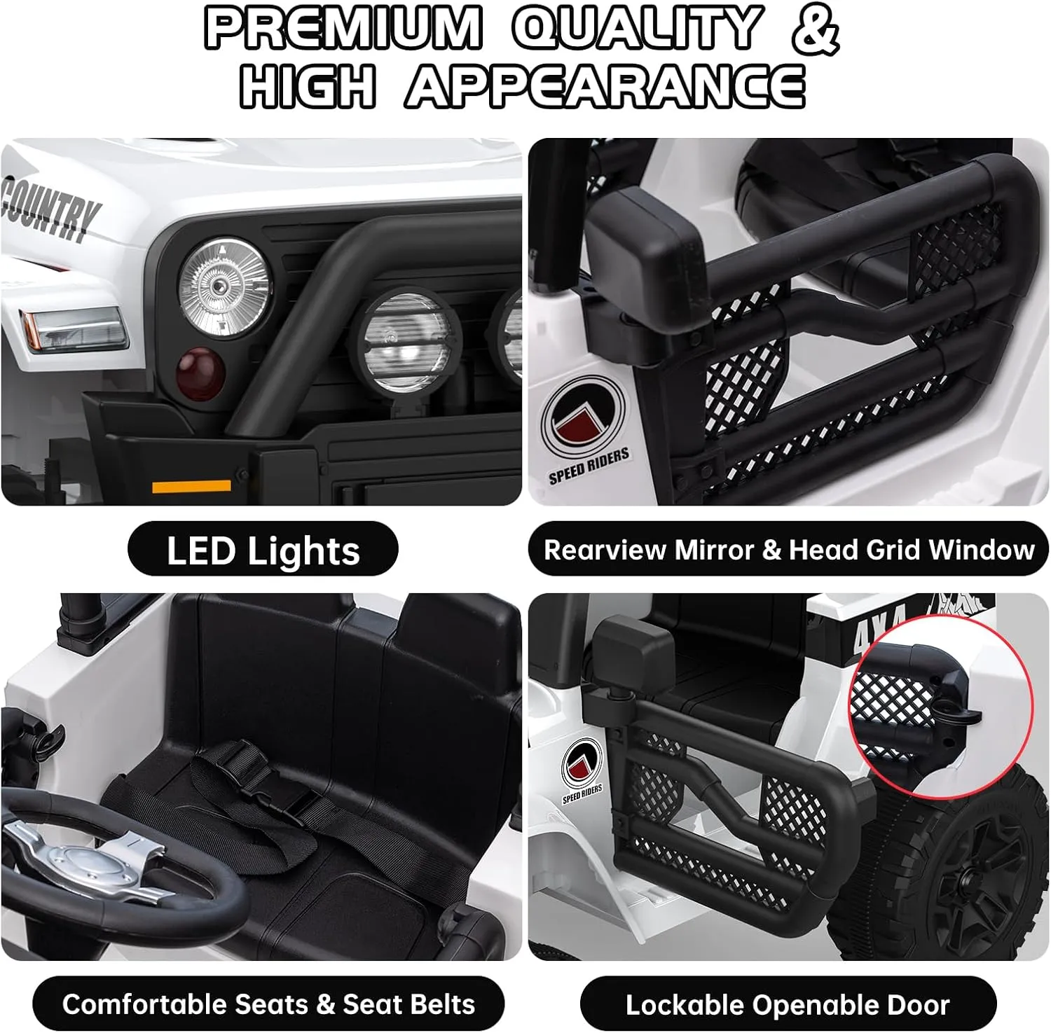 2-Seater Ride On Truck Car, 12V Electric Car for Kids Battery Powered Car w/Parent Remote Control, Safety Belt, Mp3 Player, Led Lights, Jeeps Car for Kids Girls, White