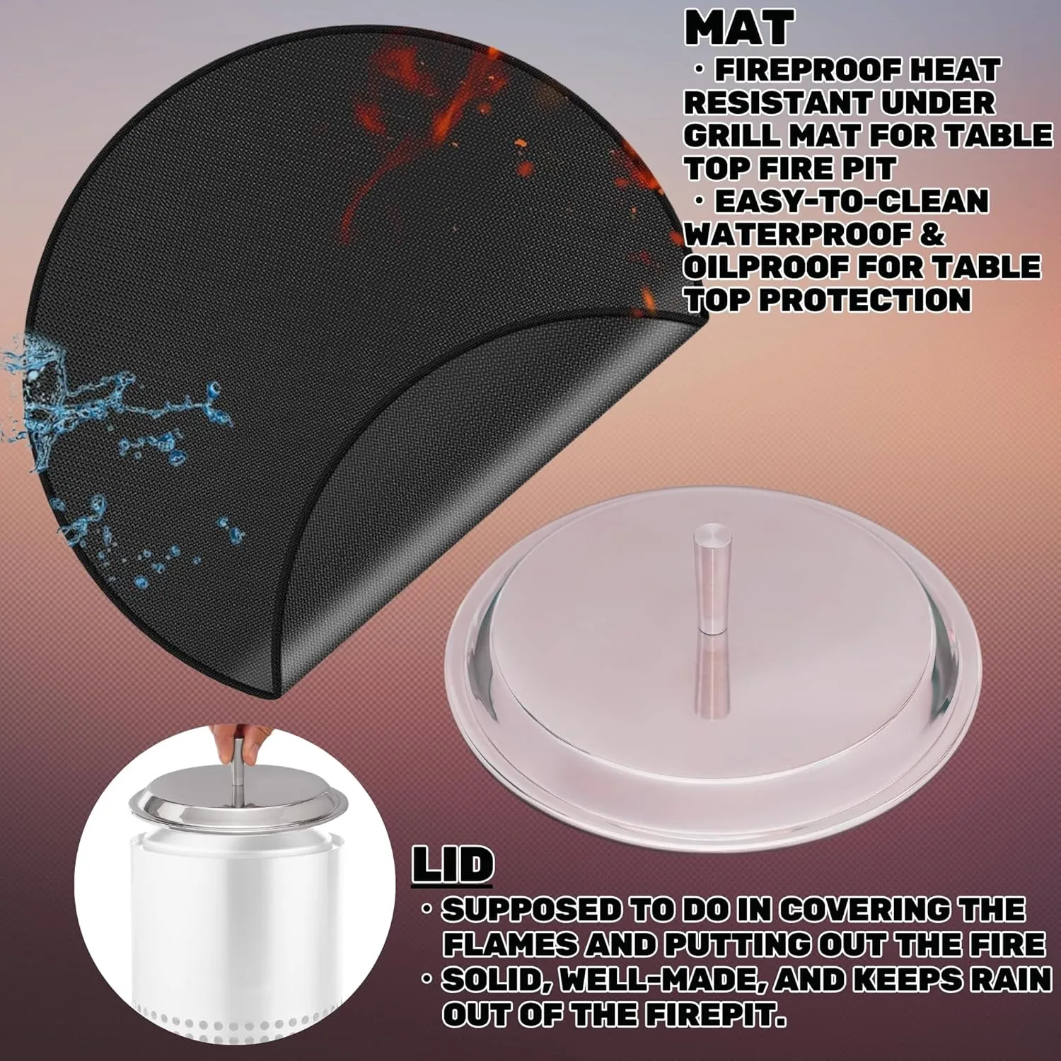 20 inches Fire Pit Mat and Lid Set for Solo Stove Mesa XL Tabletop Fire Pit Fireproof Heat Resistant Under Grill Mat for Table Top