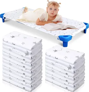 20 Pcs Daycare Cot Sheets for Toddler and Preschool Pure Cotton Breathable Fabric White Cot Sheets Standard Daycare Cot Bed Fitted Sheet for Boys and Girls, 51.18'' W x 23.62'' L (Star Moon Style)
