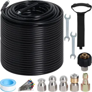 200FT Sewer Jetter Kit for Pressure Washer, 5800PSI Water Jet Durable Drain Cleaner Hose 1/4 Inch NPT Corner with 4 Specialized Nozzles，Waterproof Tape, Pearl Corsage Pin, Handle Strap & 2 Spanners