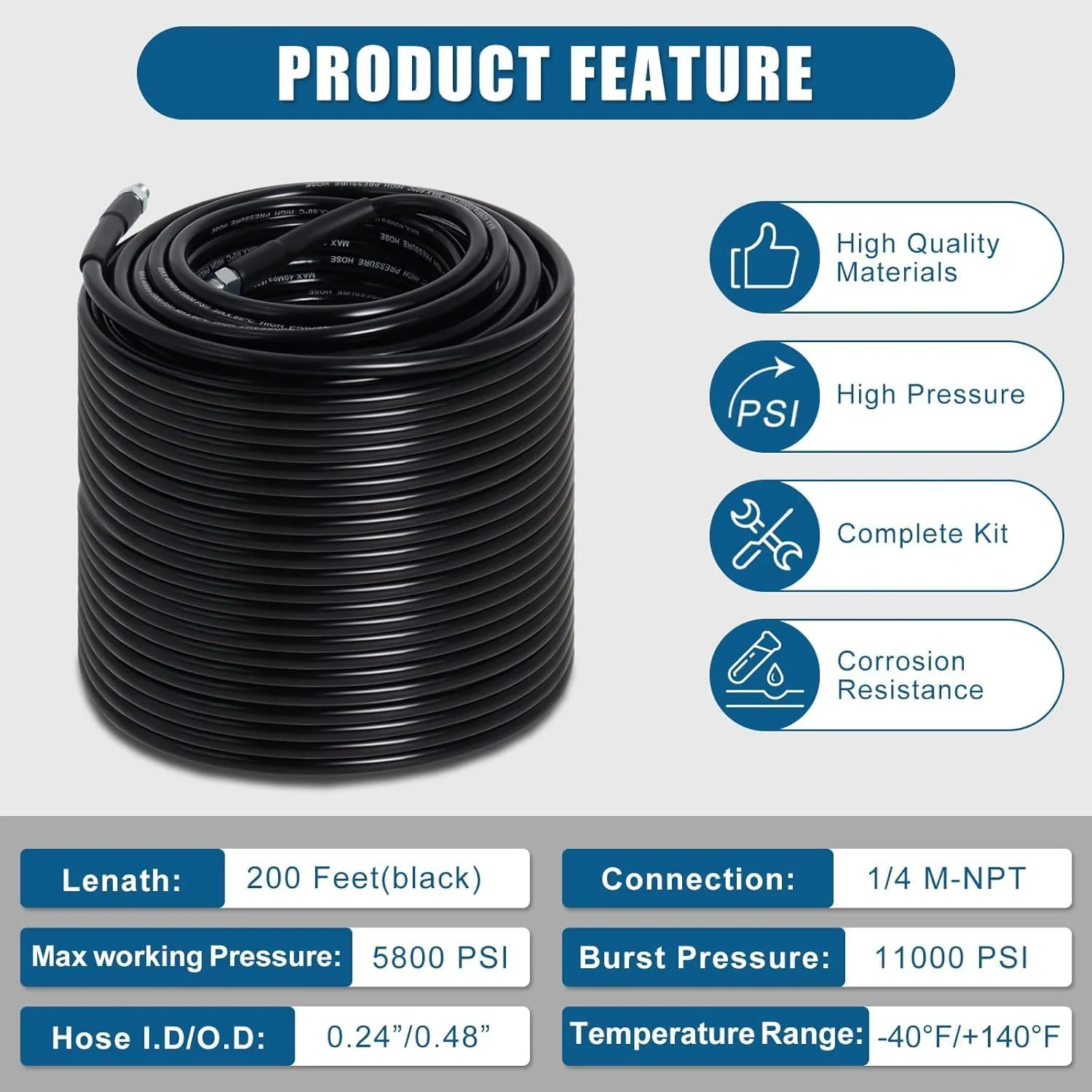 200FT Sewer Jetter Kit for Pressure Washer, 5800PSI Water Jet Durable Drain Cleaner Hose 1/4 Inch NPT Corner with 4 Specialized Nozzles，Waterproof Tape, Pearl Corsage Pin, Handle Strap & 2 Spanners