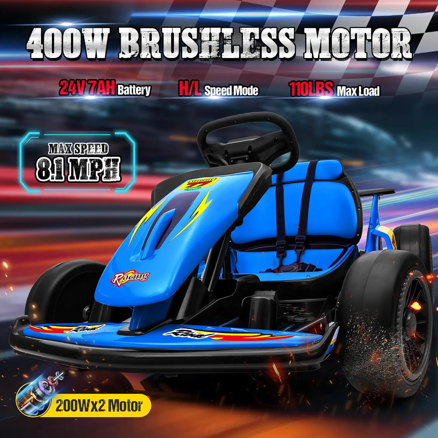 24V Electric Go Kart for Kids, Crazy Drift Cart with 400W Motors, EVA Tires, Max Speed 8.1 MPH, Music, Wireless, Electric Pedal Kart Outdoor Ride on Toy for Kids Ages 6 , Blue