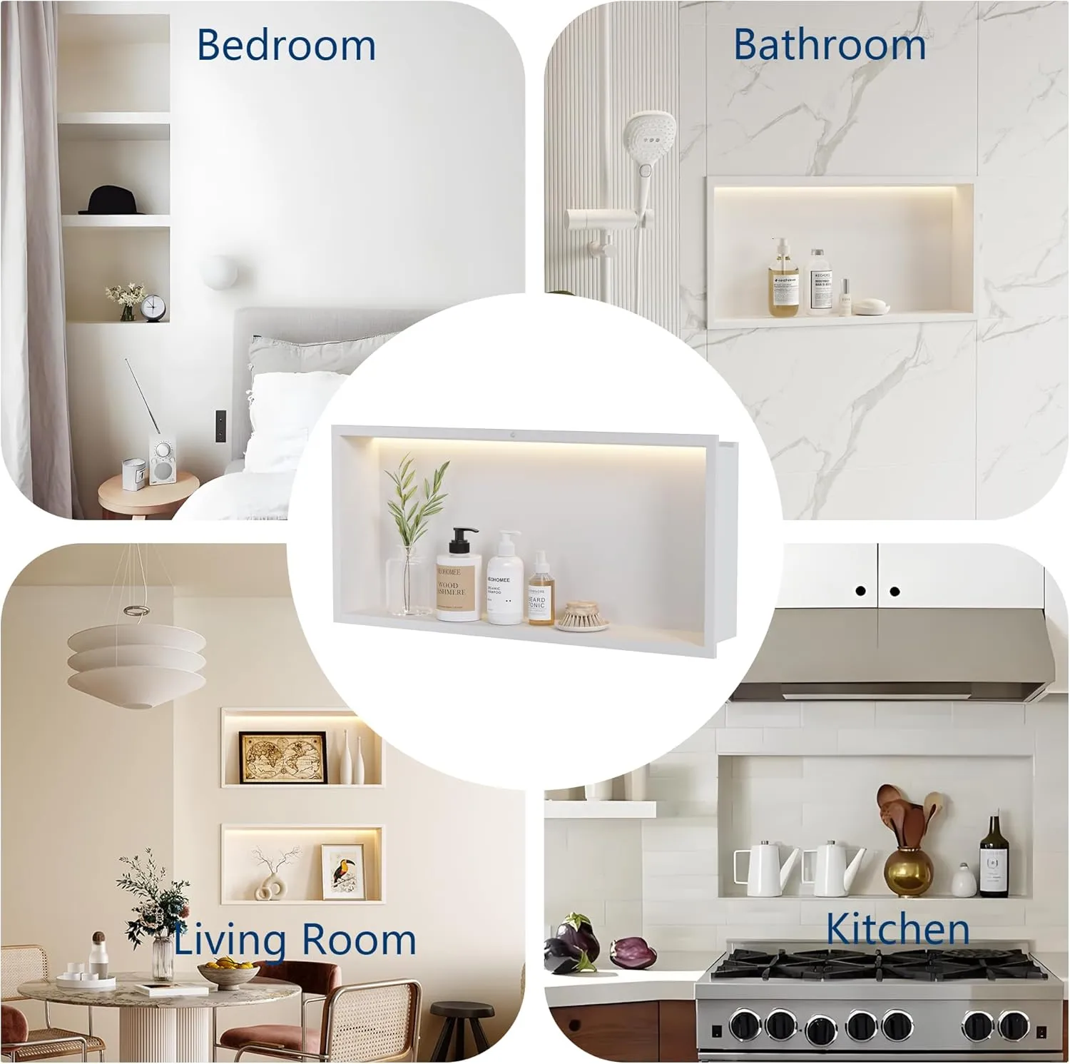 24x12Inch White Smart Body Sensor Shower Niche, Recessed Wall Niche with LED Light Strip Warm Light 3000K,Stainless Steel Shower Niches, NO Tile Needed Bathrooom Storage Organizer in Wall