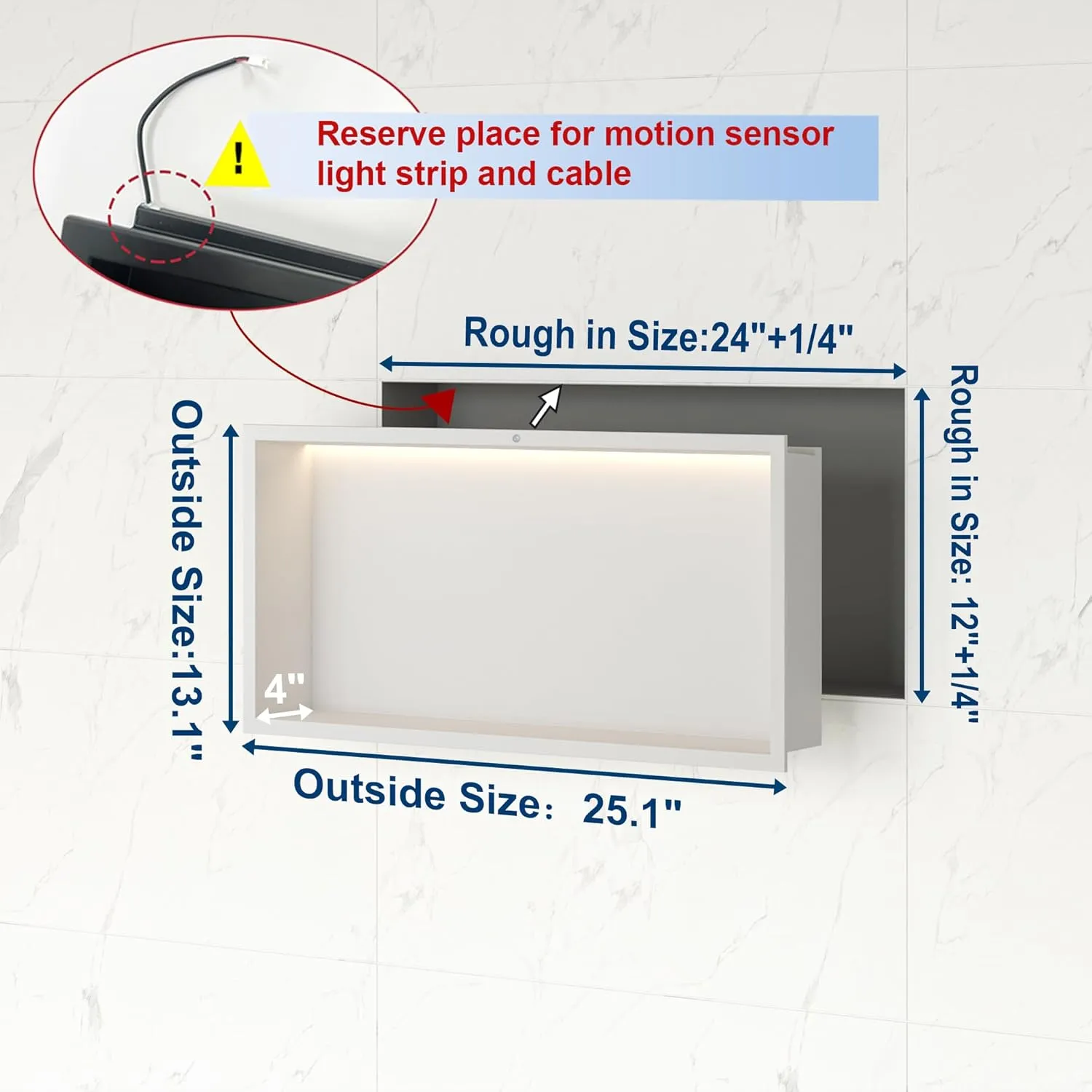24x12Inch White Smart Body Sensor Shower Niche, Recessed Wall Niche with LED Light Strip Warm Light 3000K,Stainless Steel Shower Niches, NO Tile Needed Bathrooom Storage Organizer in Wall