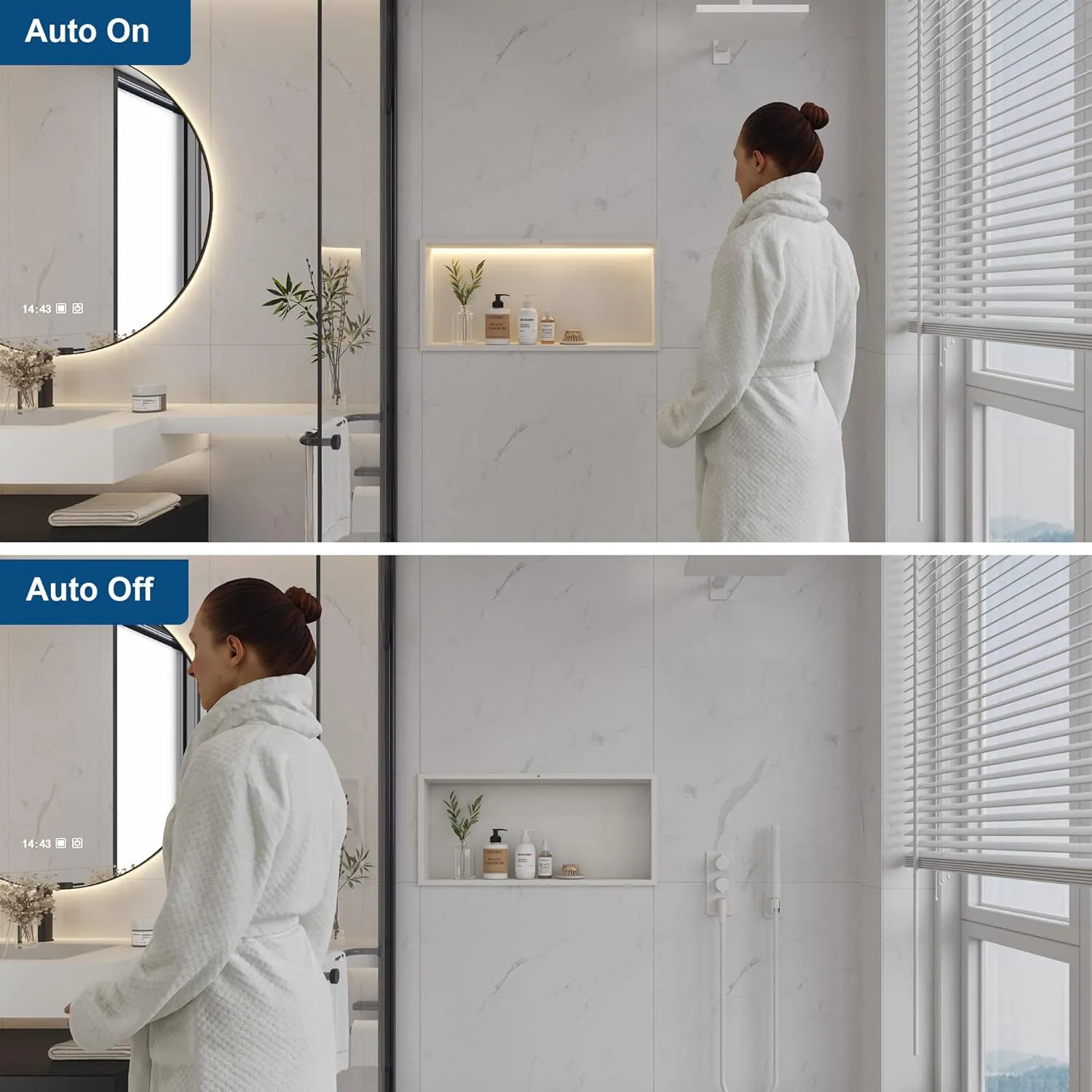24x12Inch White Smart Body Sensor Shower Niche, Recessed Wall Niche with LED Light Strip Warm Light 3000K,Stainless Steel Shower Niches, NO Tile Needed Bathrooom Storage Organizer in Wall